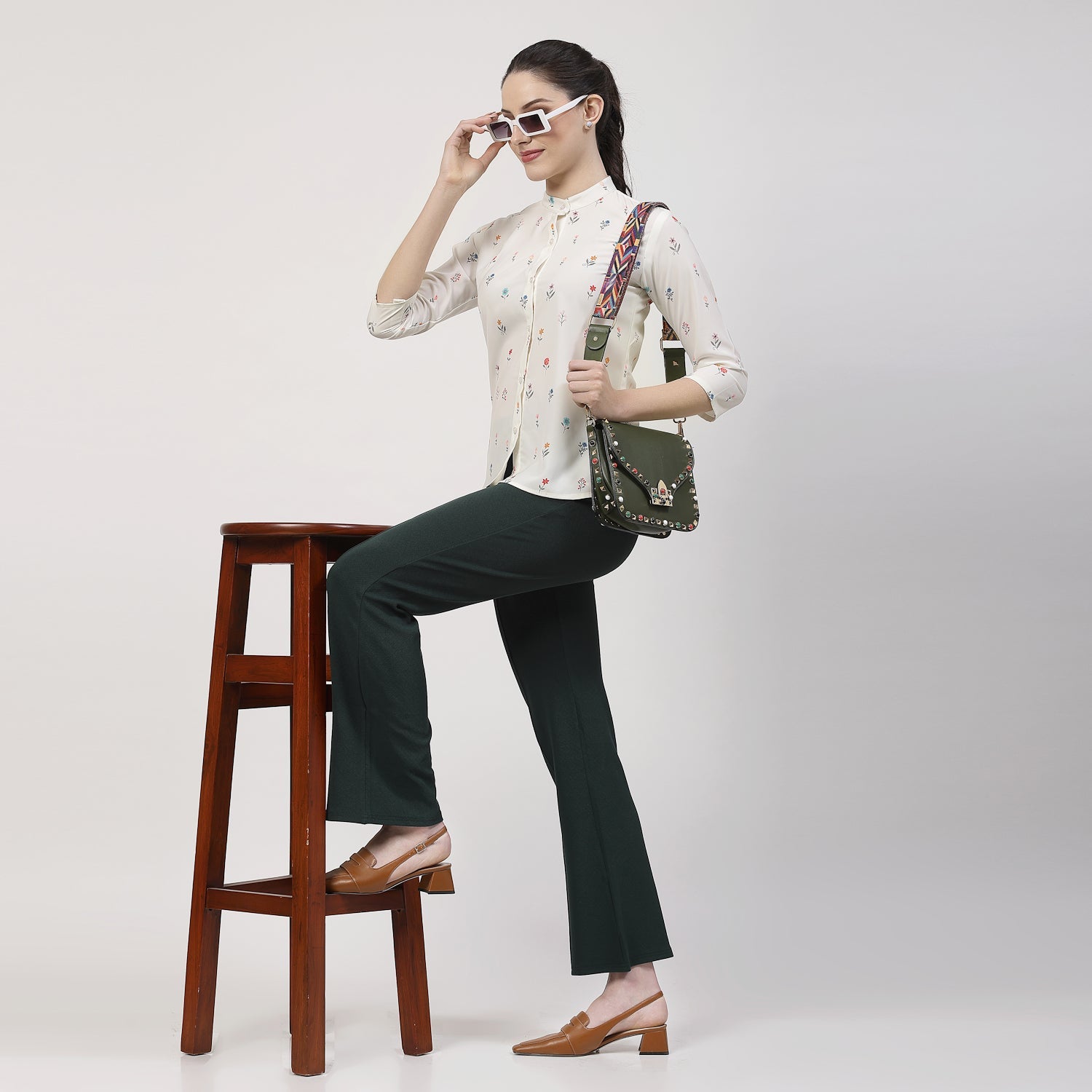 Cream Floral Printed Shirt With Mandarin Collar