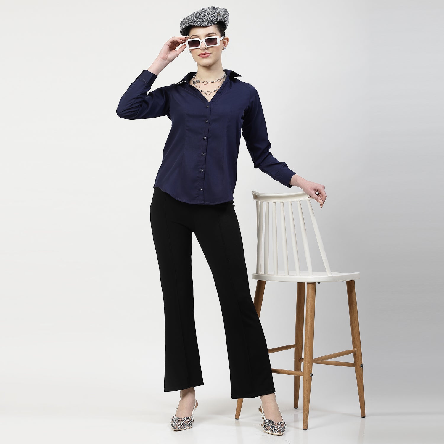 Blue V Neck Top With Collar