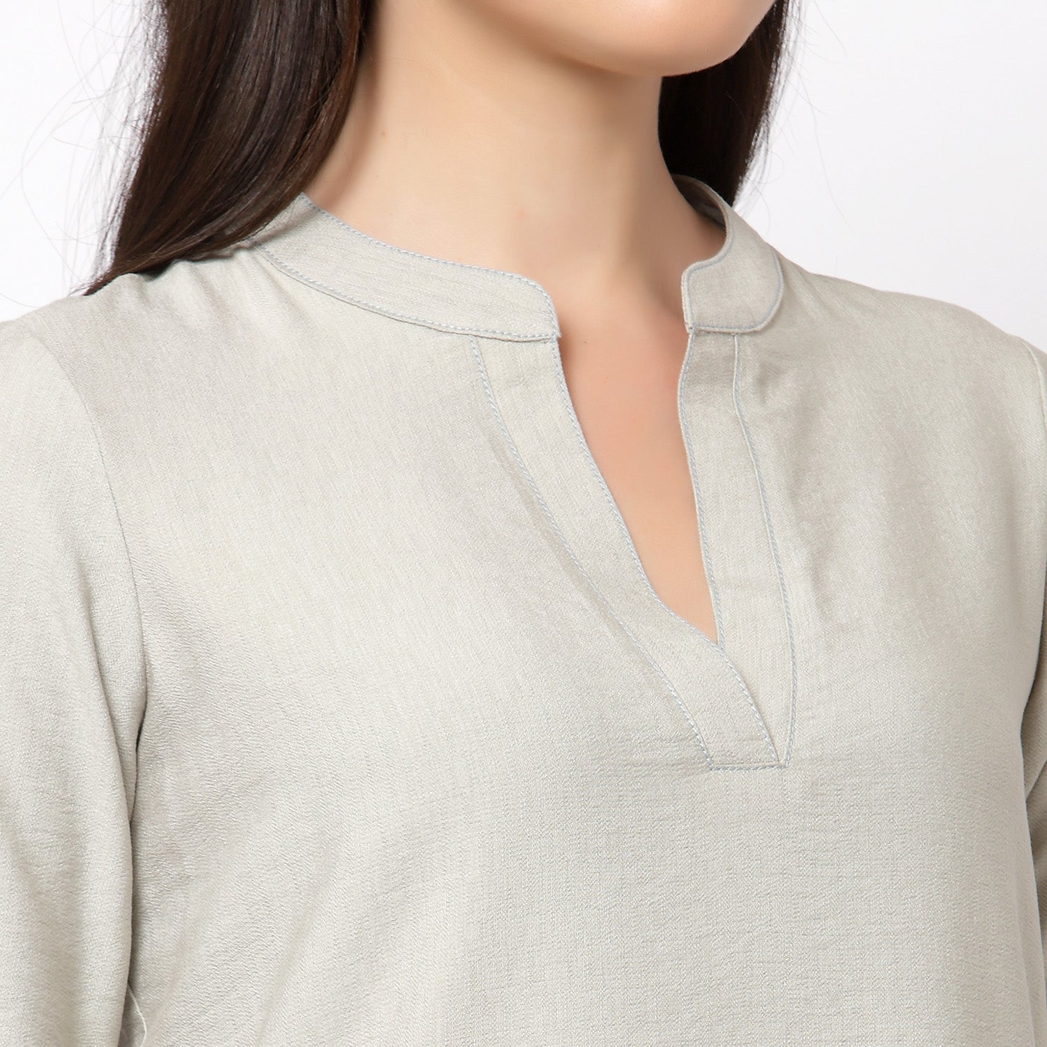 Grey Linen Kurta Style Tunic With Buttons