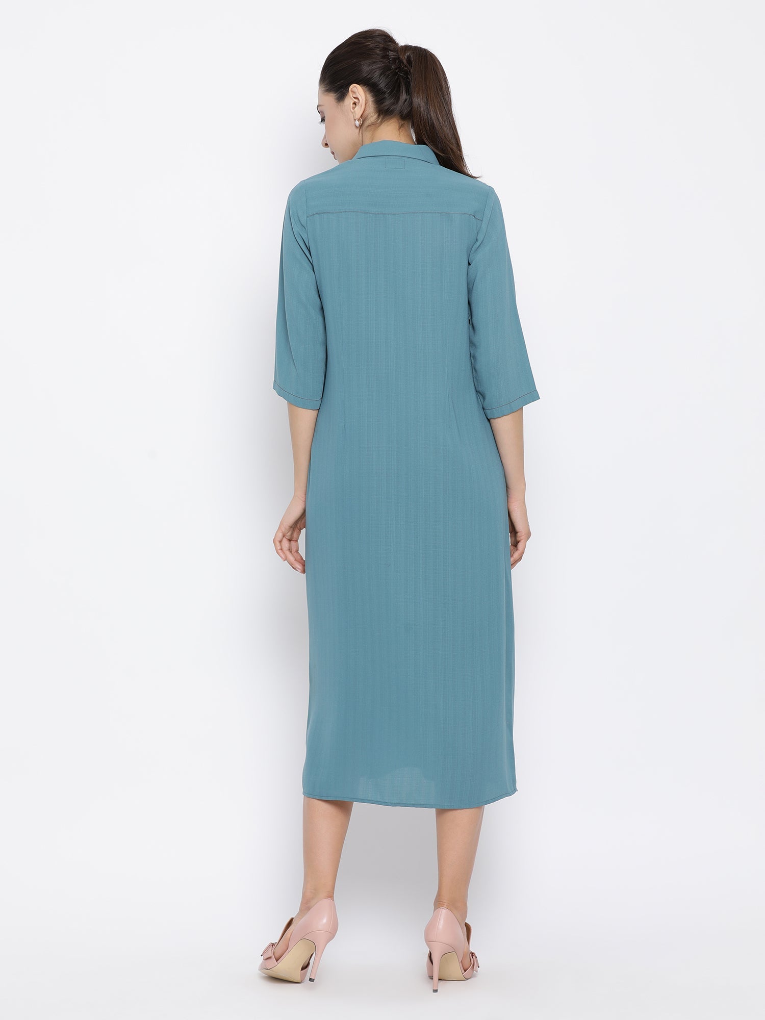 Teal Dresses for Women with Flap Pocket-3