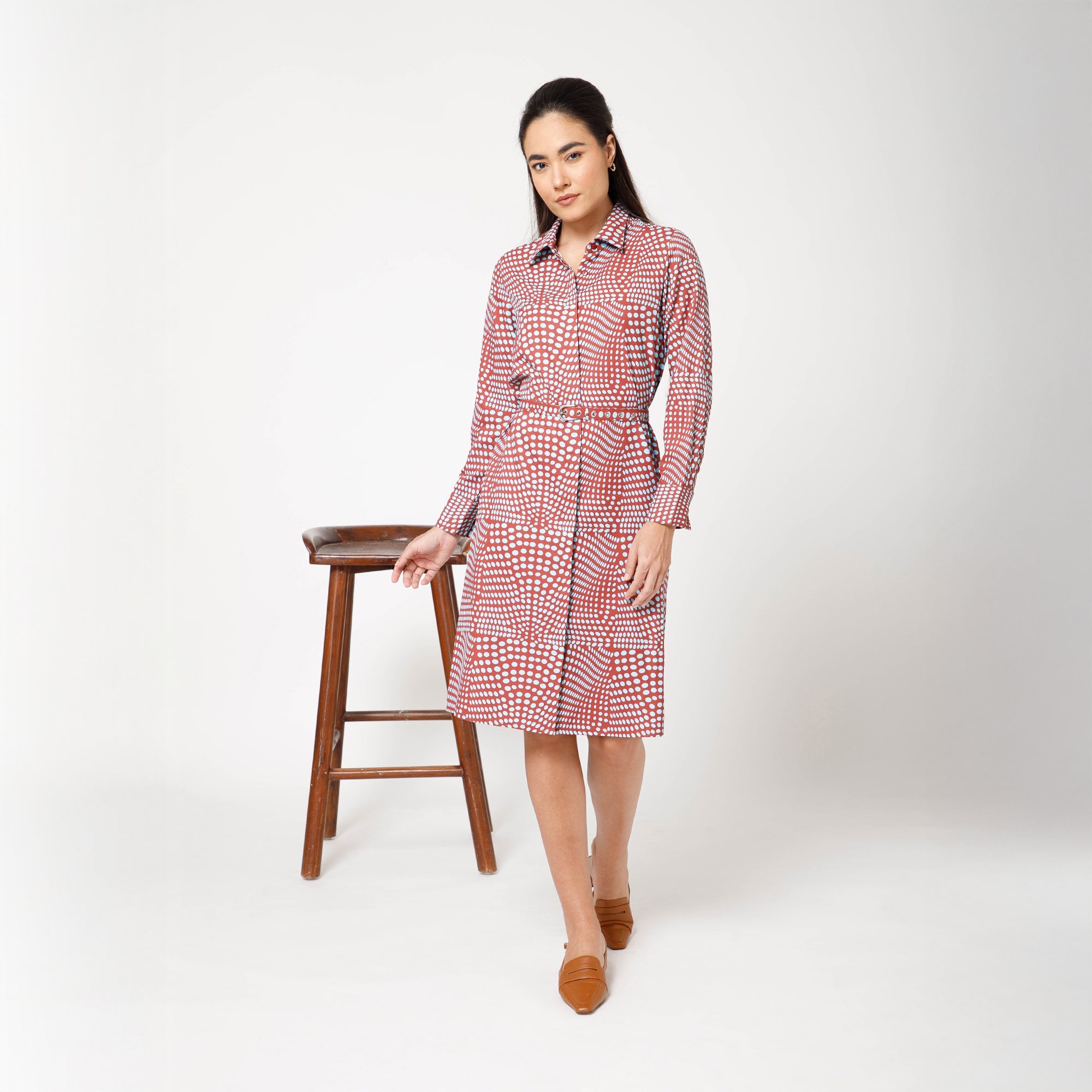 Blue and Brown Polka Print Long Shirt With Belt