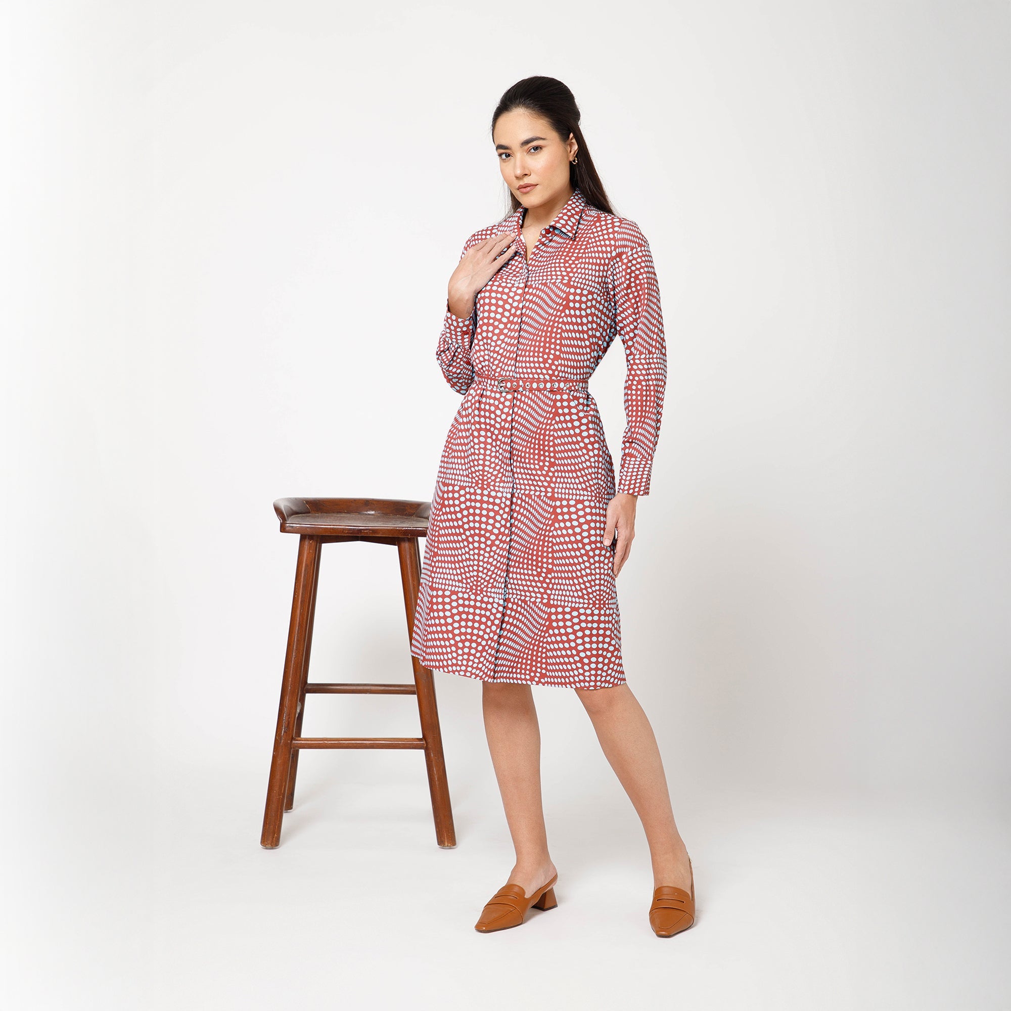 Blue and Brown Polka Print Long Shirt With Belt