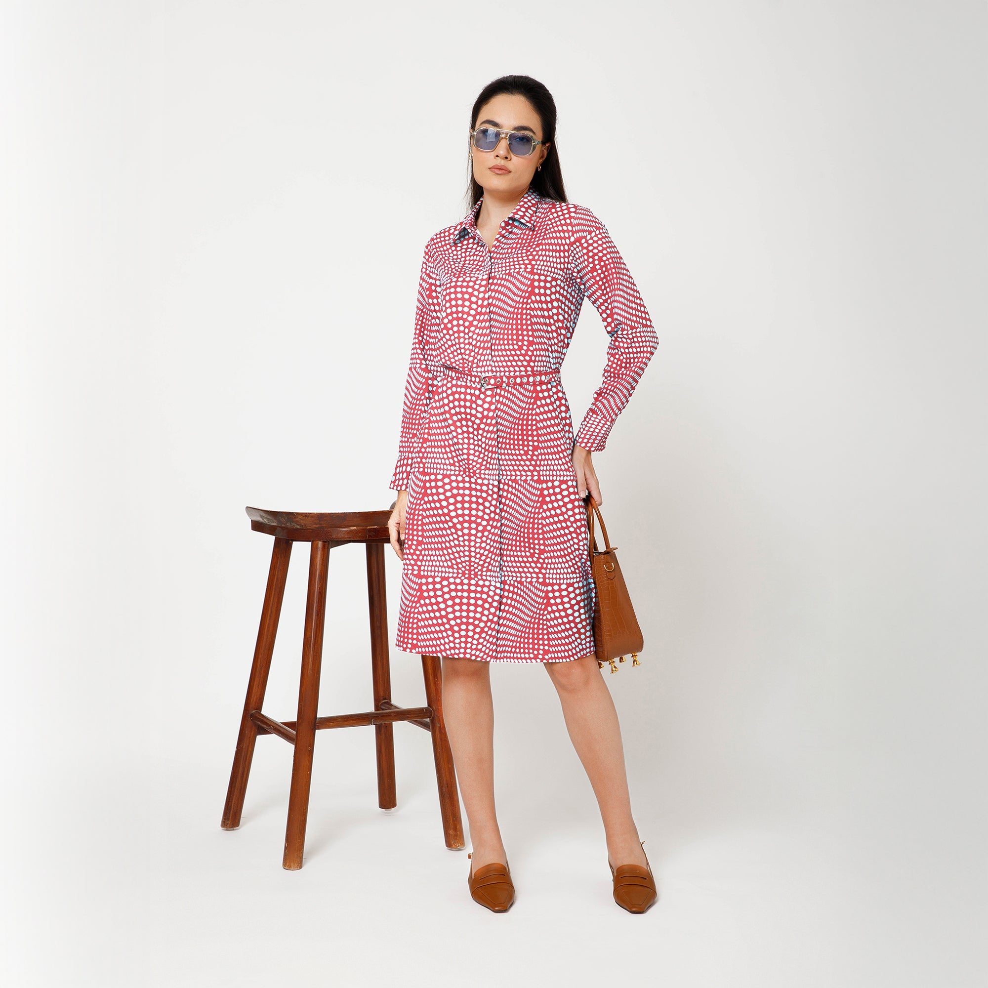 Blue and Brown Polka Print Long Shirt With Belt