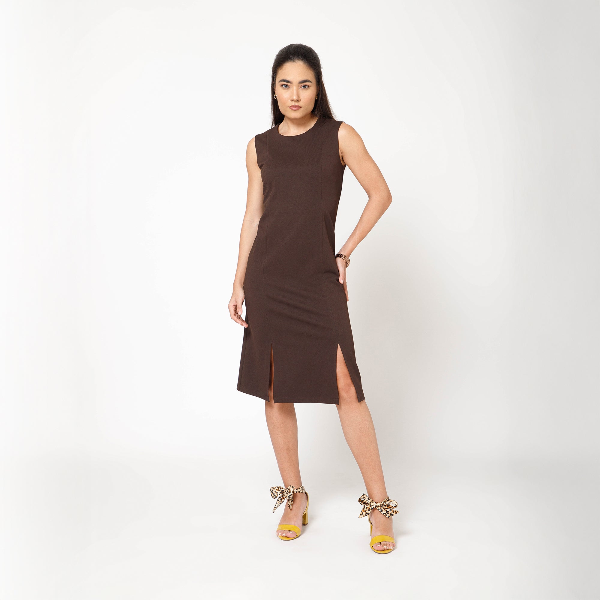 Brown Textured Lycra Long Slit Dress
