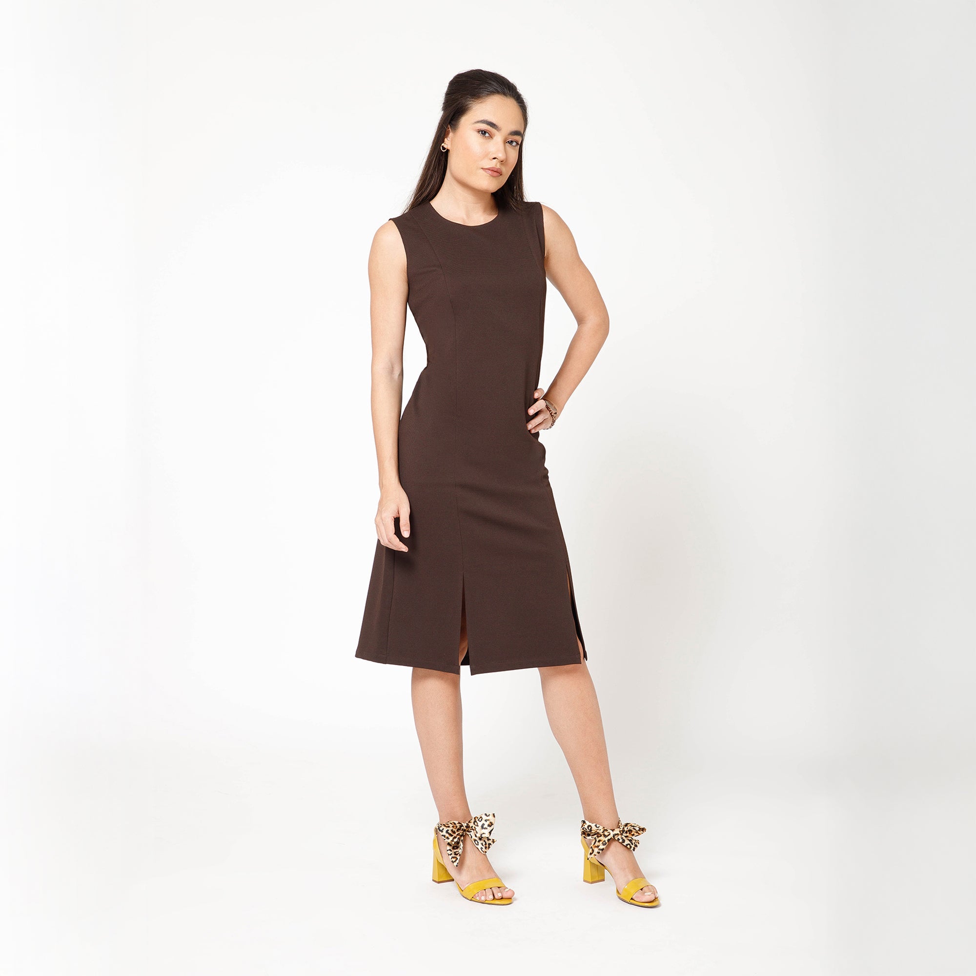 Brown Textured Lycra Long Slit Dress