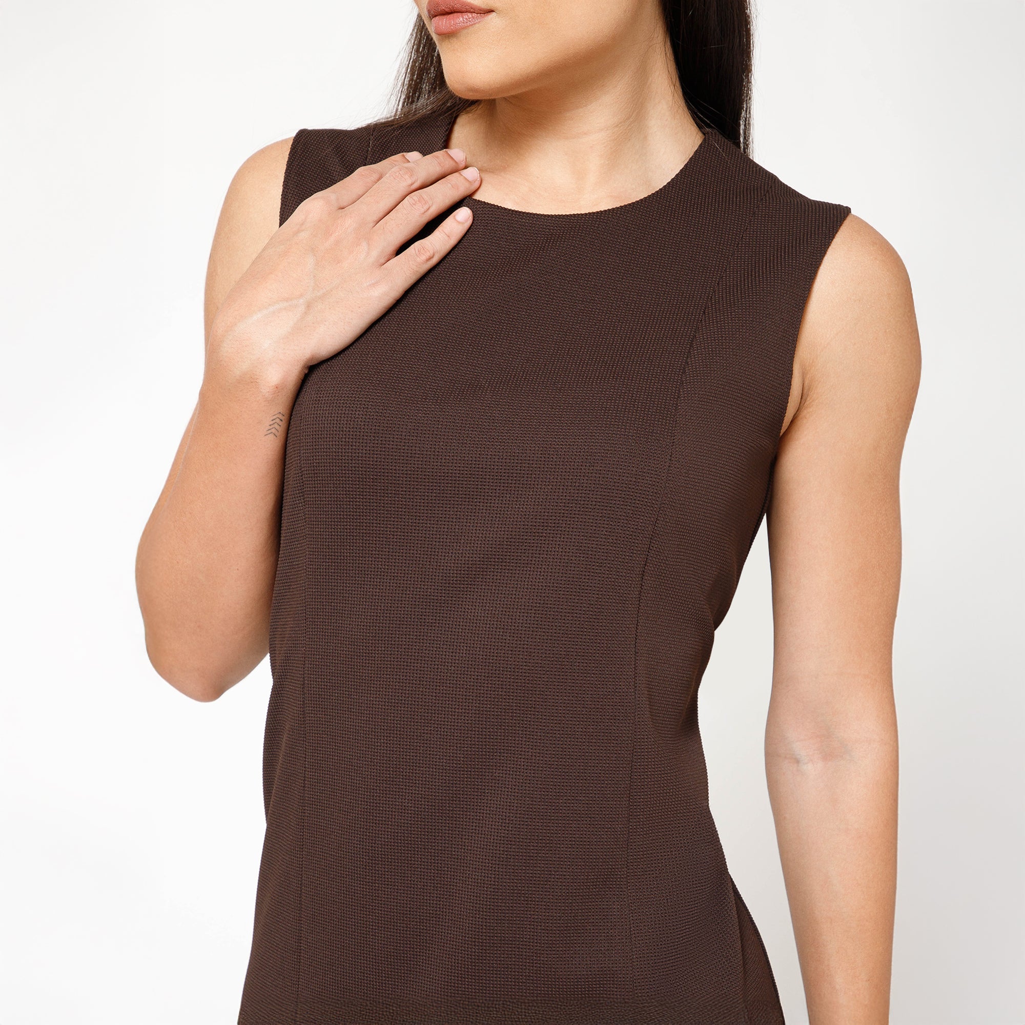 Brown Textured Lycra Long Slit Dress