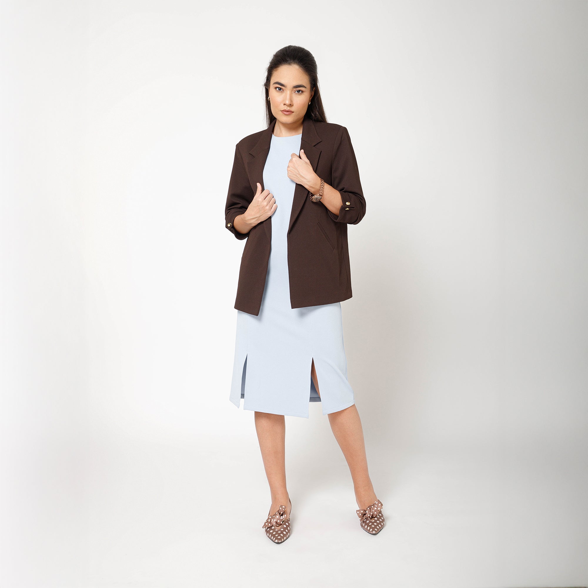 Brown Textured Lycra Jacket With Cufflinks