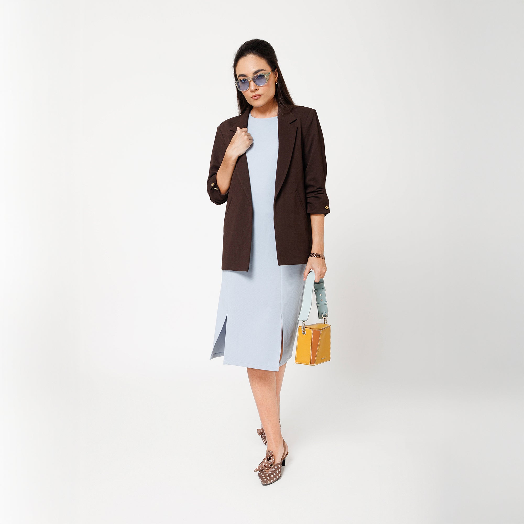 Brown Textured Lycra Jacket With Cufflinks