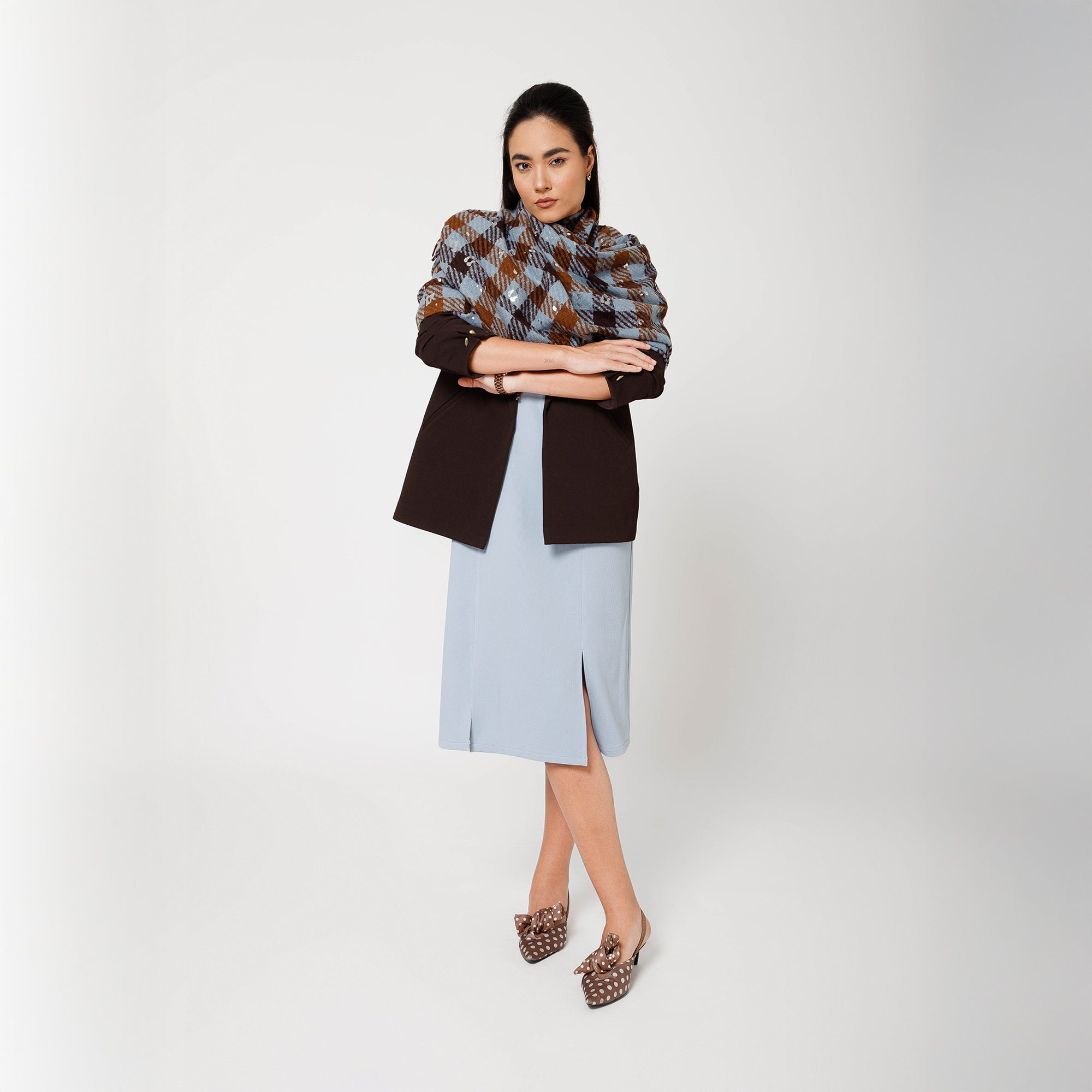 Brown And Sky Blue Check Stole With Foil Print