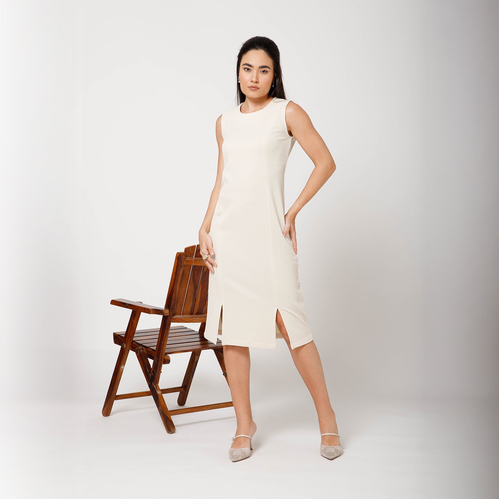 Off White Textured Lycra Long Slit Dress 