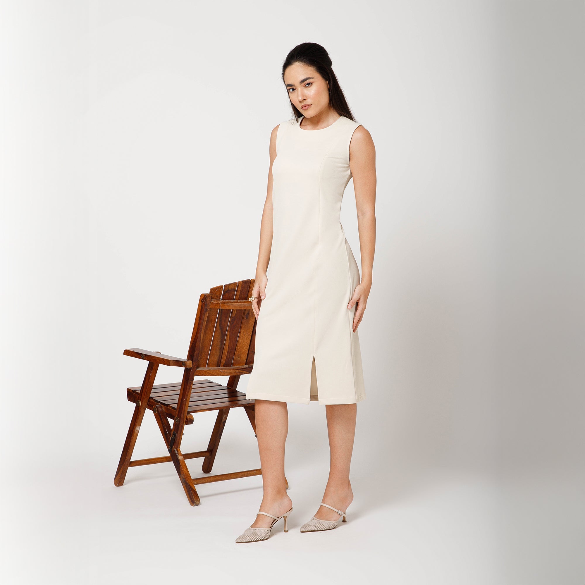 Off White Textured Lycra Long Slit Dress -1