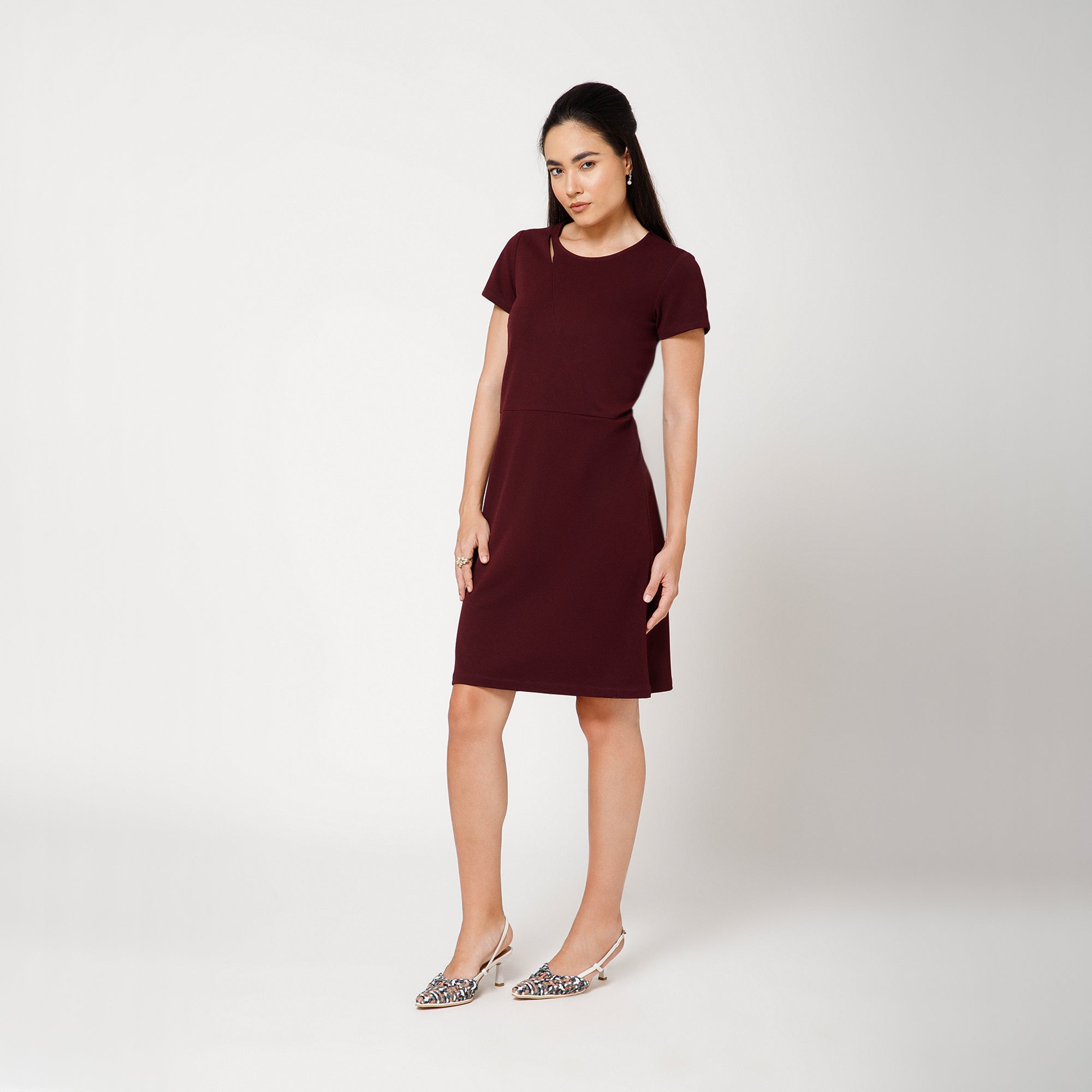 Maroon Textured Long Dress With Key Hole