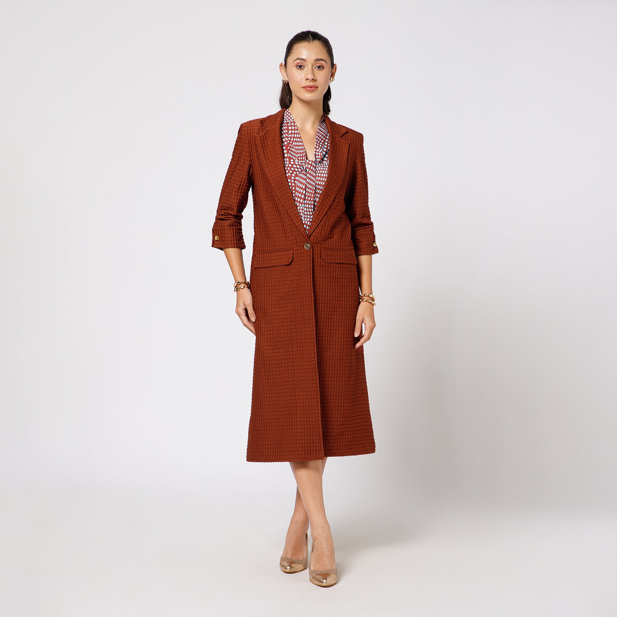 Brown Textured Over Coat With Cufflinks