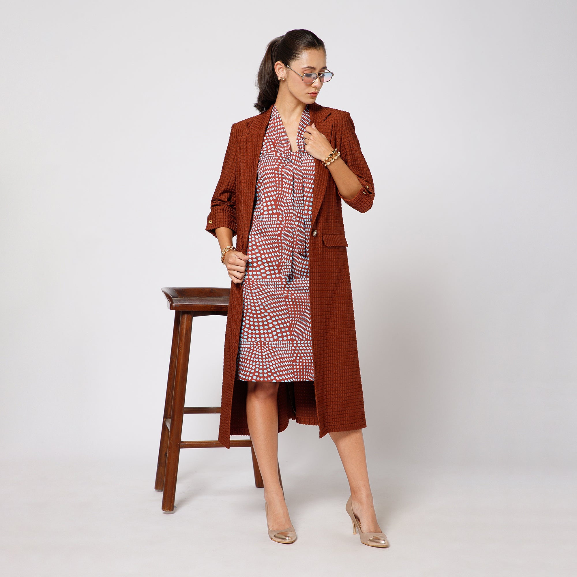 Brown Textured Over Coat With Cufflinks