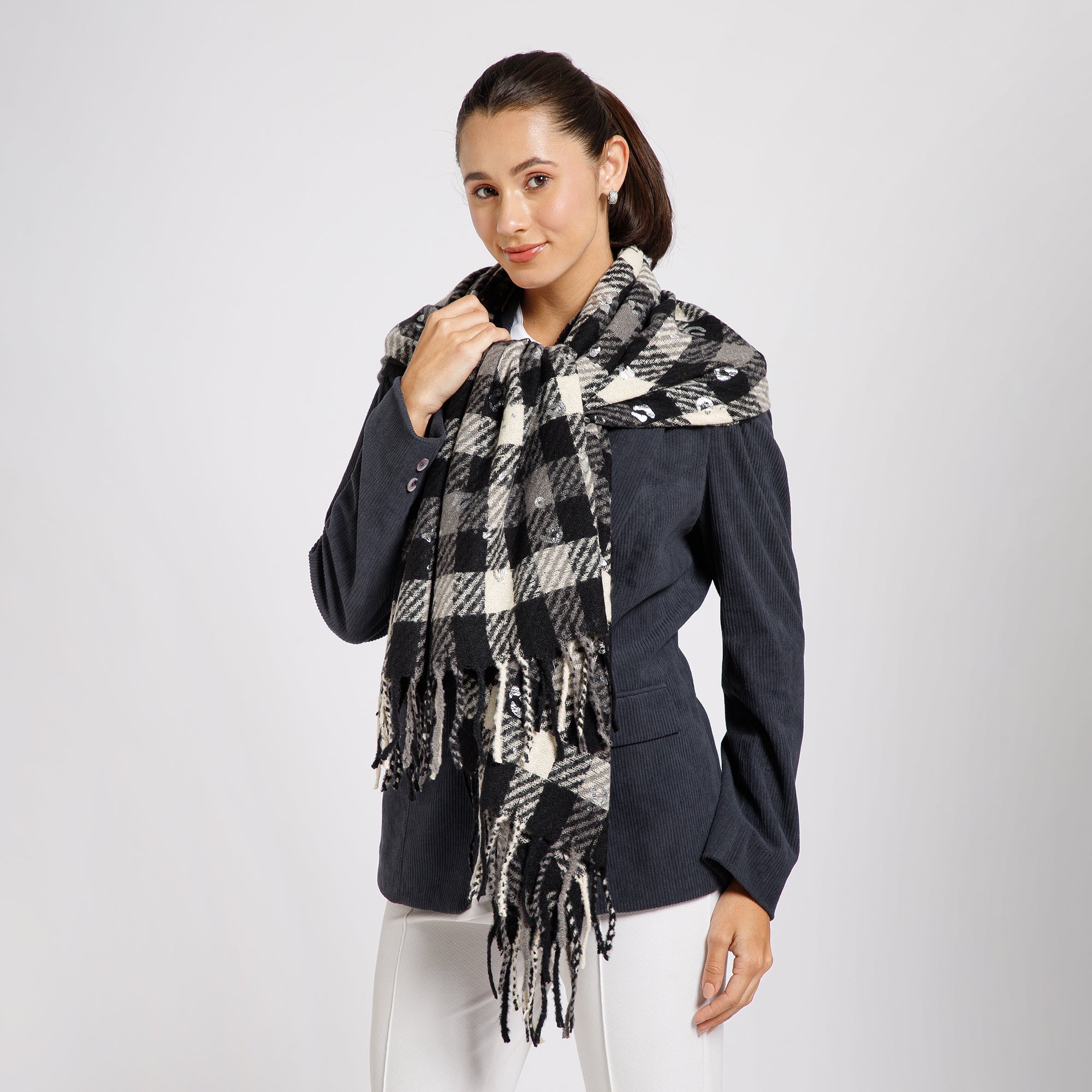Black And White Check Stole With Foil Print