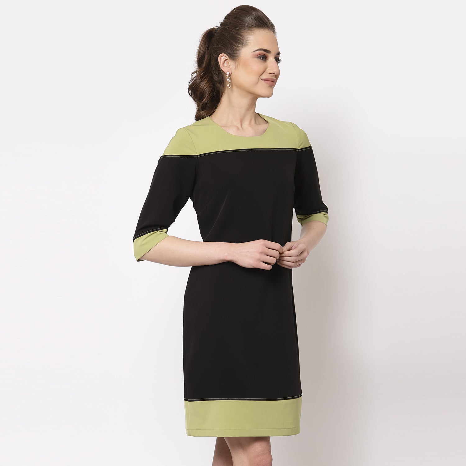 Black & Olive Top Stitch Work Wear Dresses-3