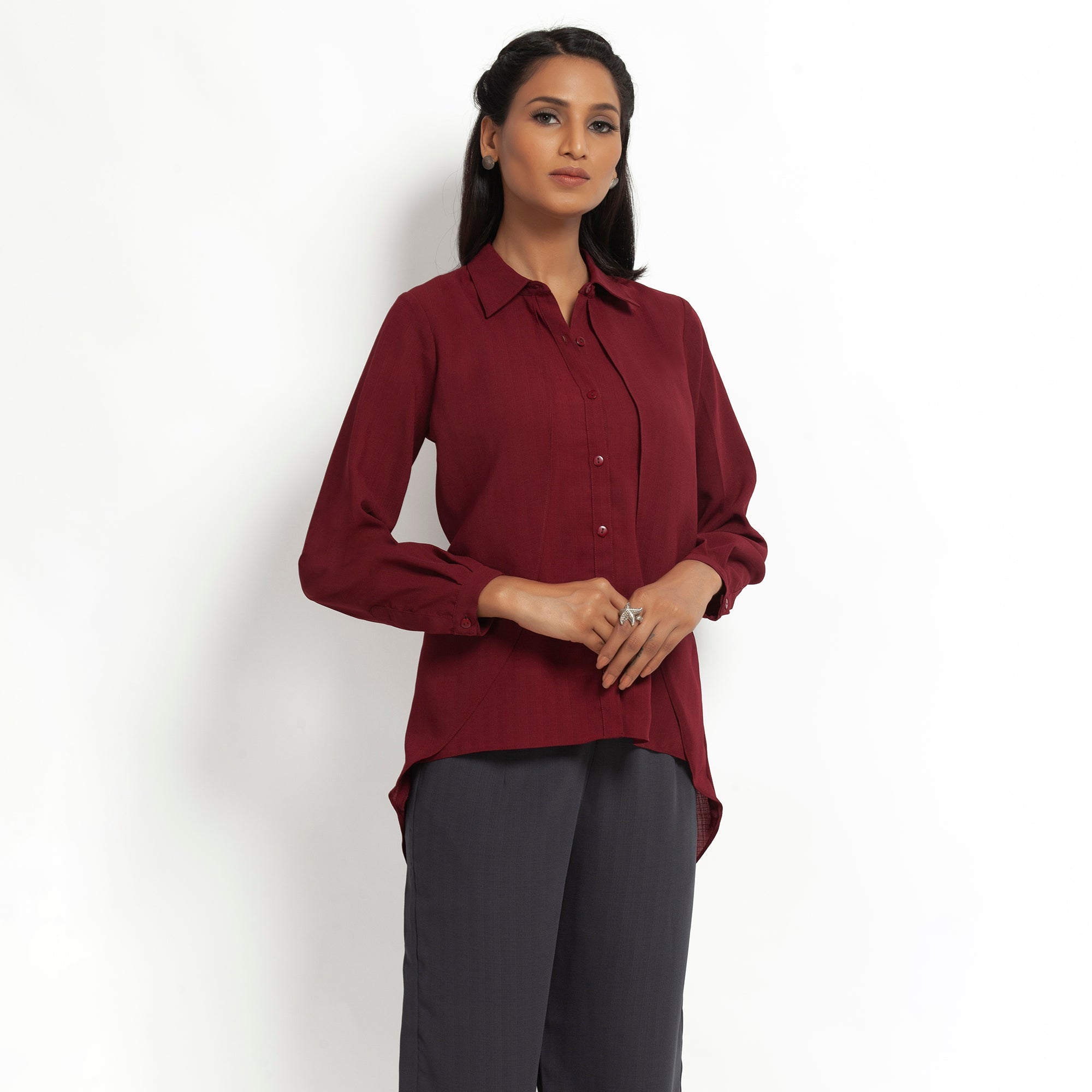 Maroon Double Layer Asymmetrical Top, formal tops for women	
tops for women stylish	
office dress for women	
stylish tops for women	