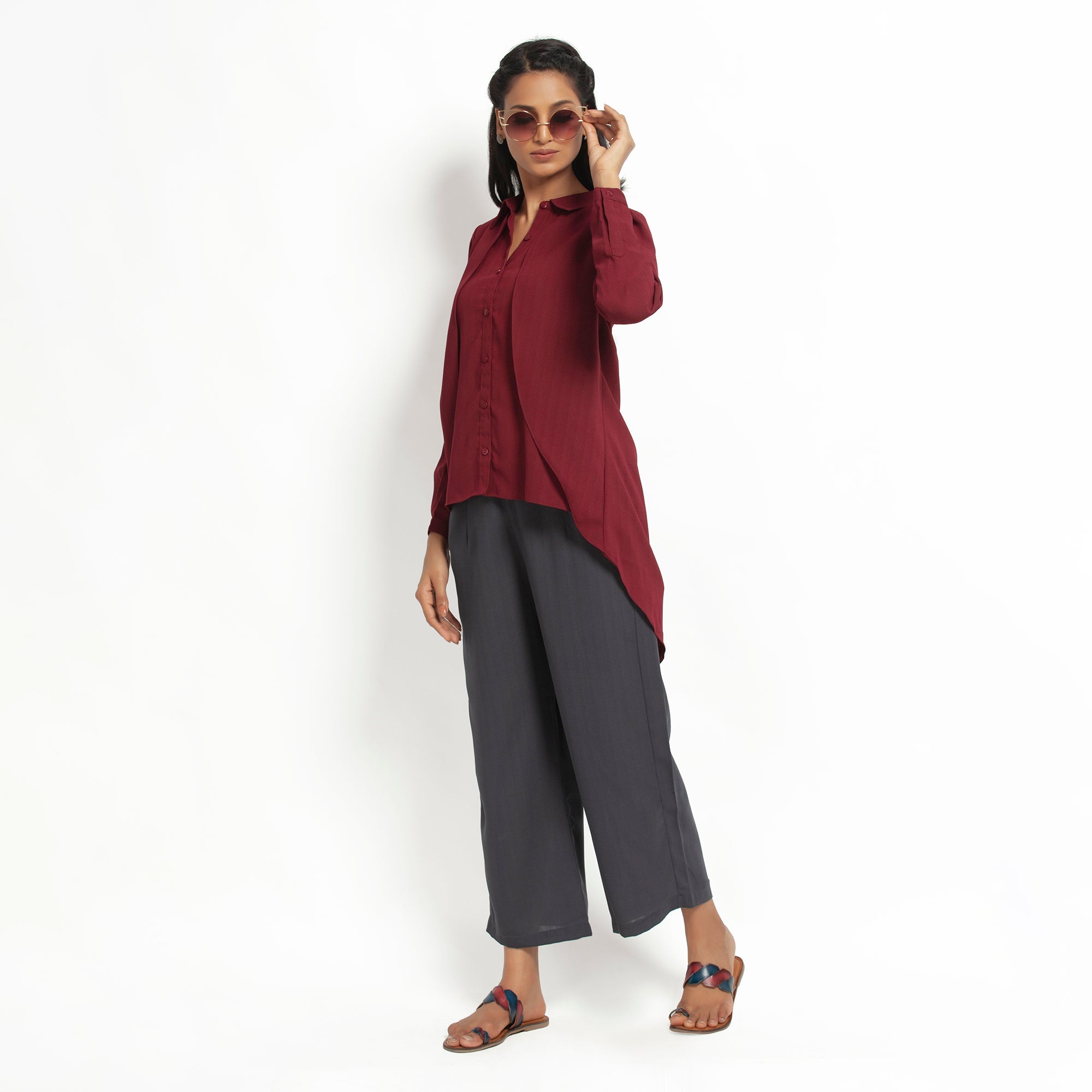 Maroon Double Layer Asymmetrical Top, formal tops for women	
tops for women stylish	
office dress for women	
stylish tops for women	