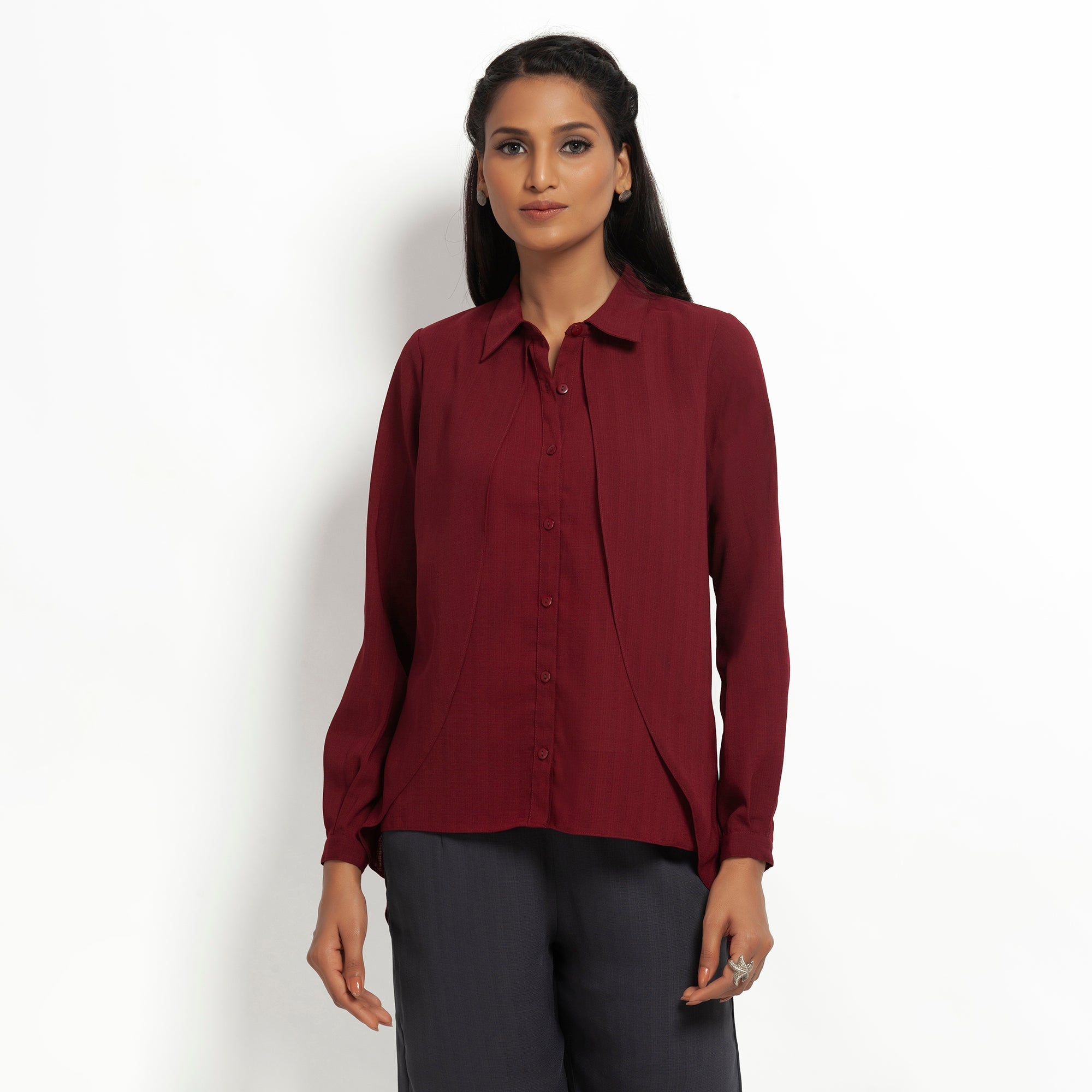 Maroon Double Layer Asymmetrical Top, formal tops for women	
tops for women stylish	
office dress for women	
stylish tops for women	