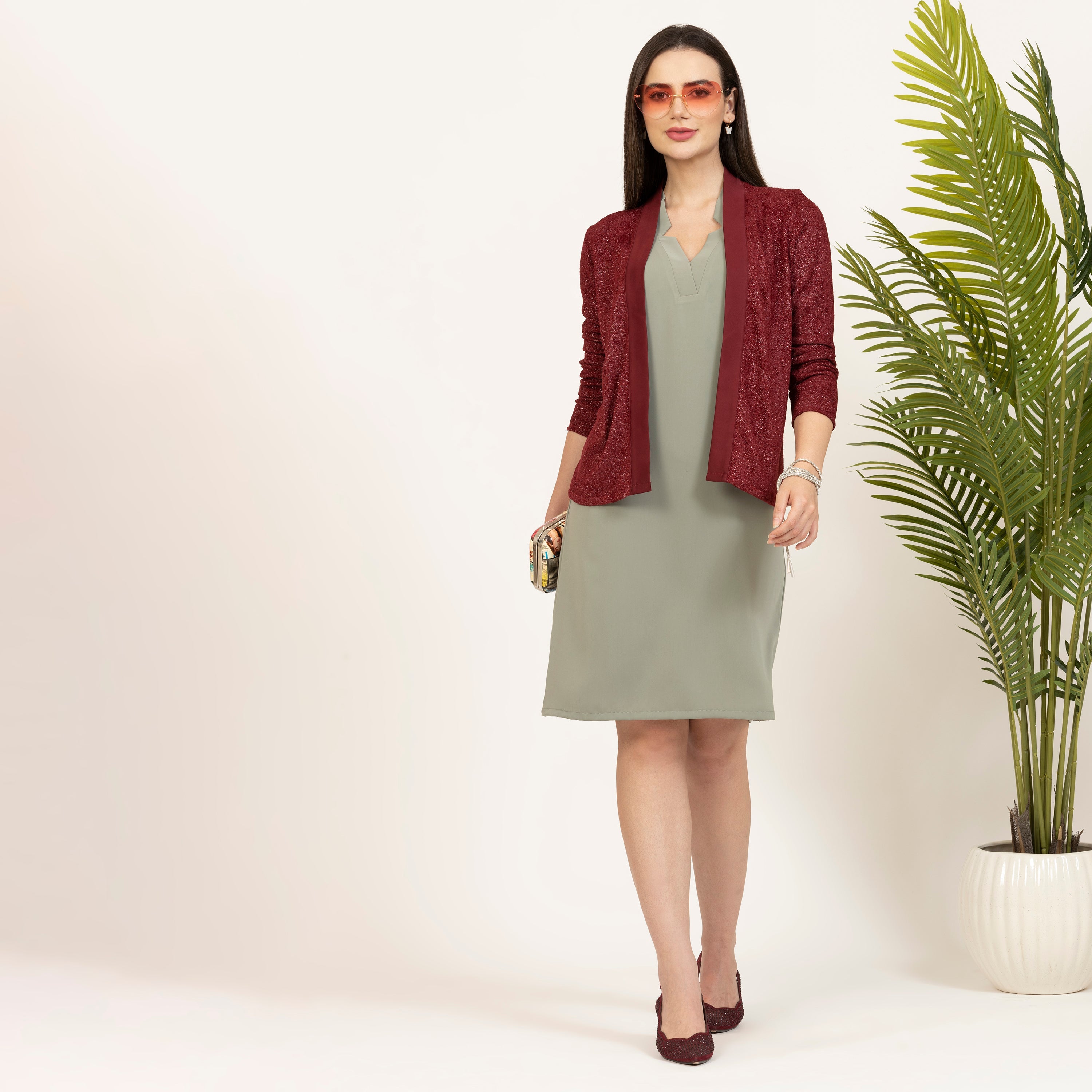 Maroon Shimmer Velvet Lycra Shrug with Satin