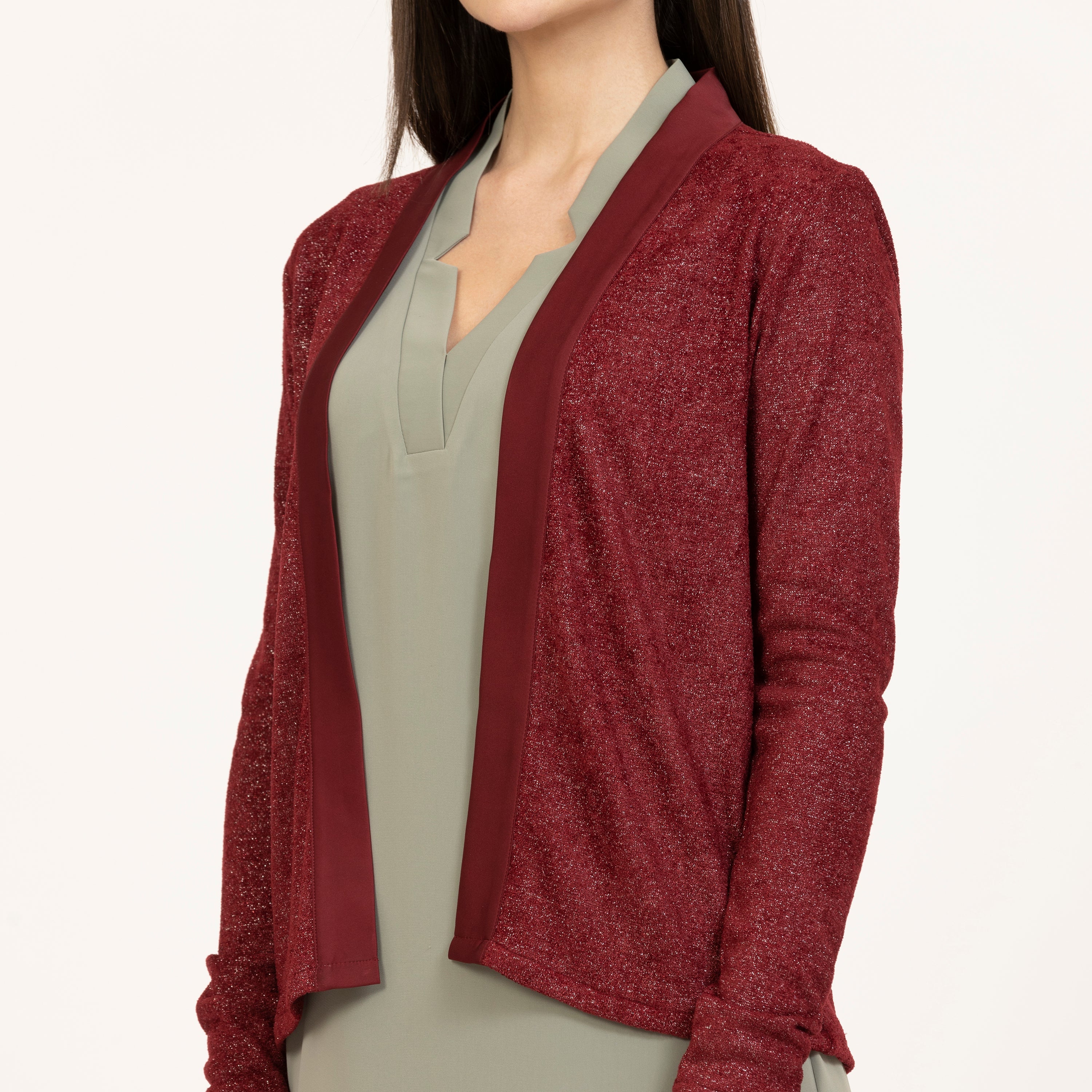 Maroon Shimmer Velvet Lycra Shrug with Satin-3