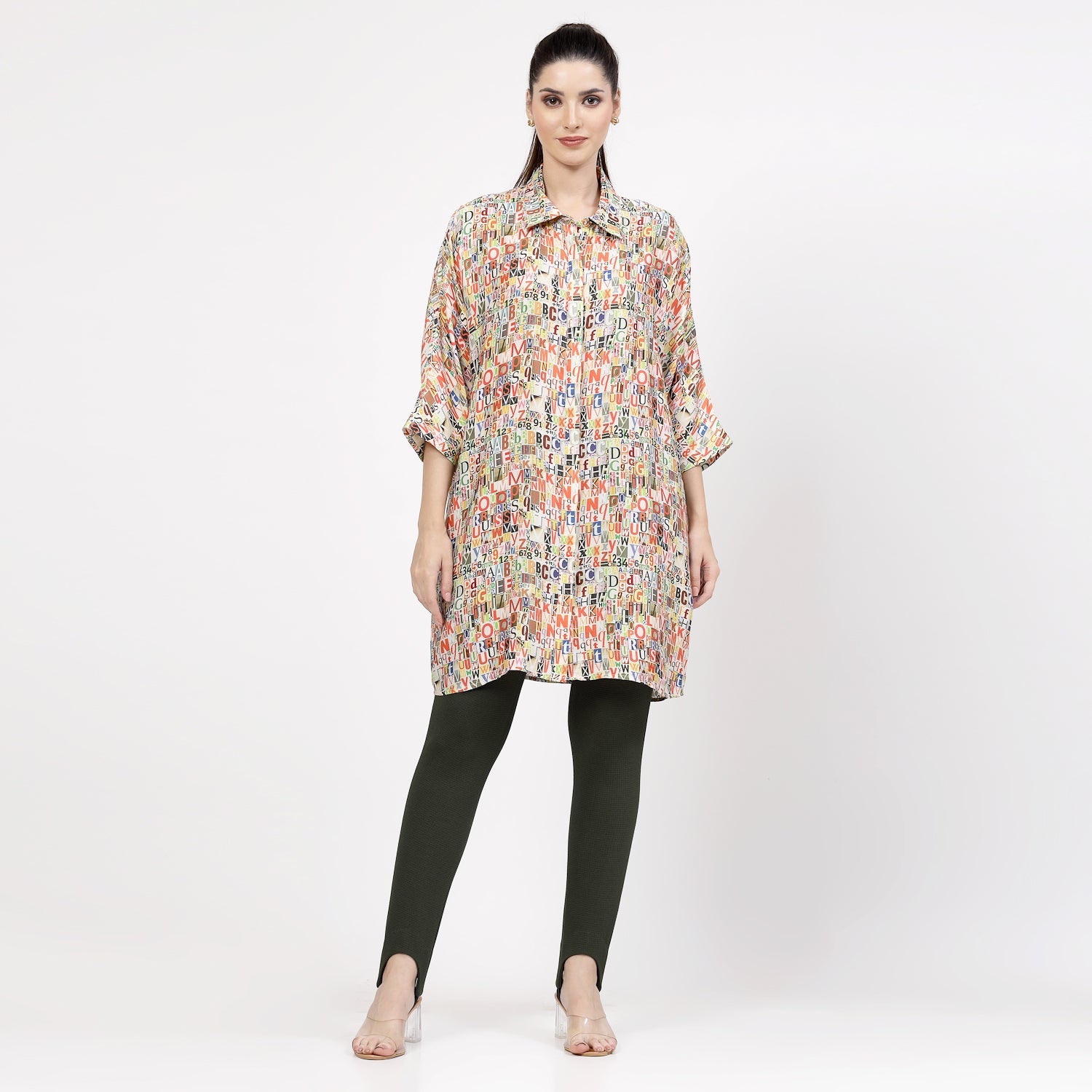 Multicolour Alphabet Print Long Shirt,womens formal shirts	
cotton shirts for women	
Ofiice shirts for women	