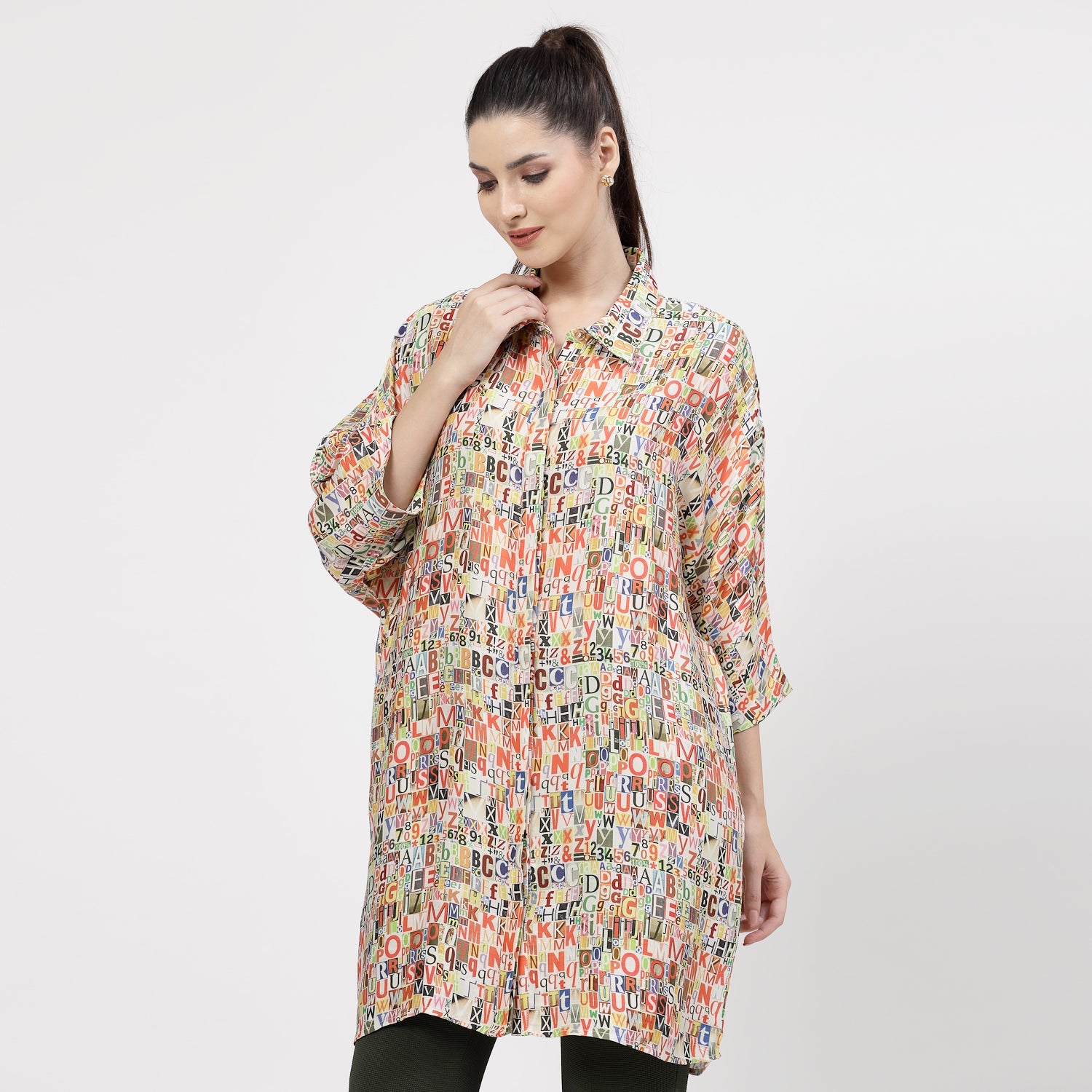 Multicolour Alphabet Print Long Shirt,womens formal shirts	
cotton shirts for women	
Ofiice shirts for women	