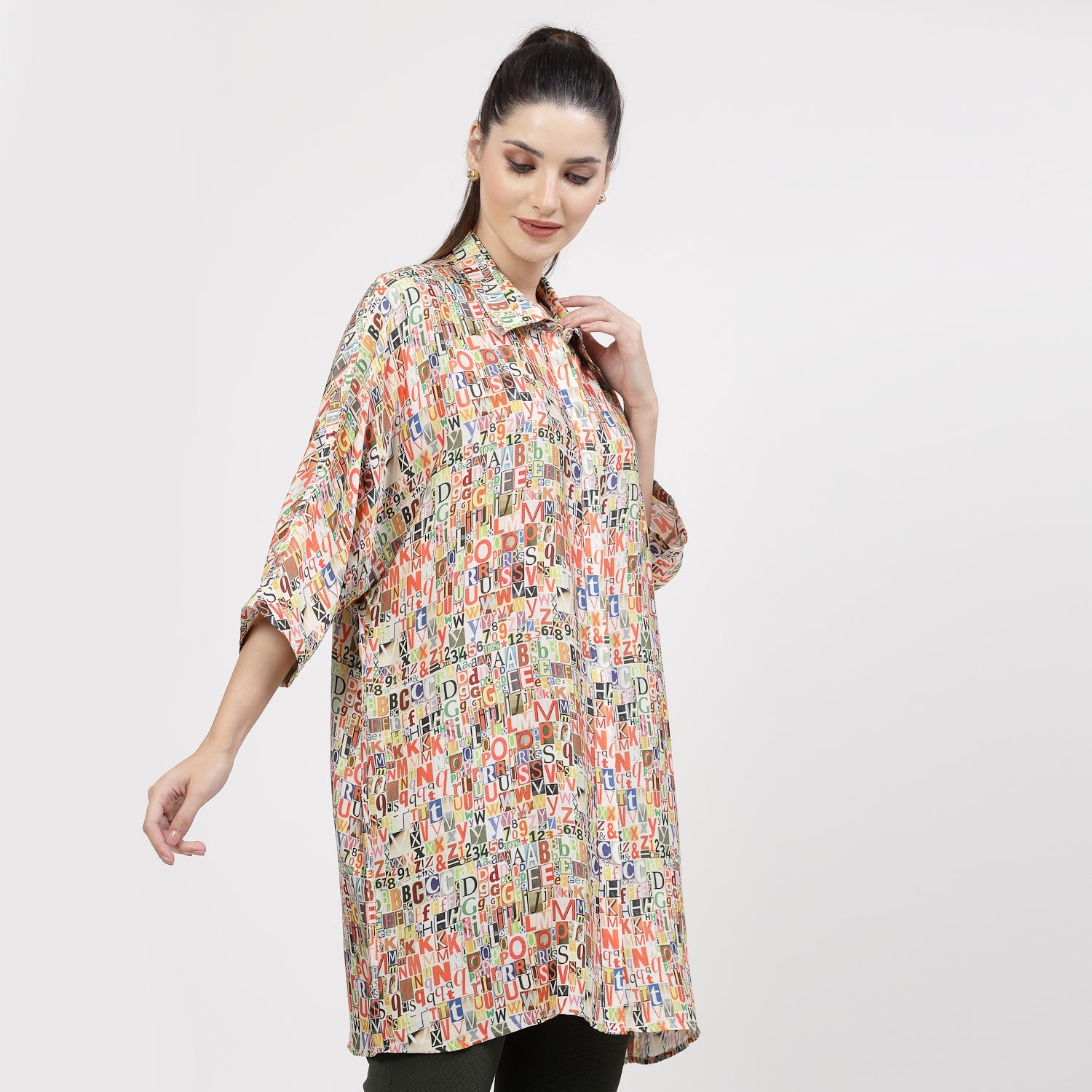 Multicolour Alphabet Print Long Shirt,womens formal shirts	
cotton shirts for women	
Ofiice shirts for women	