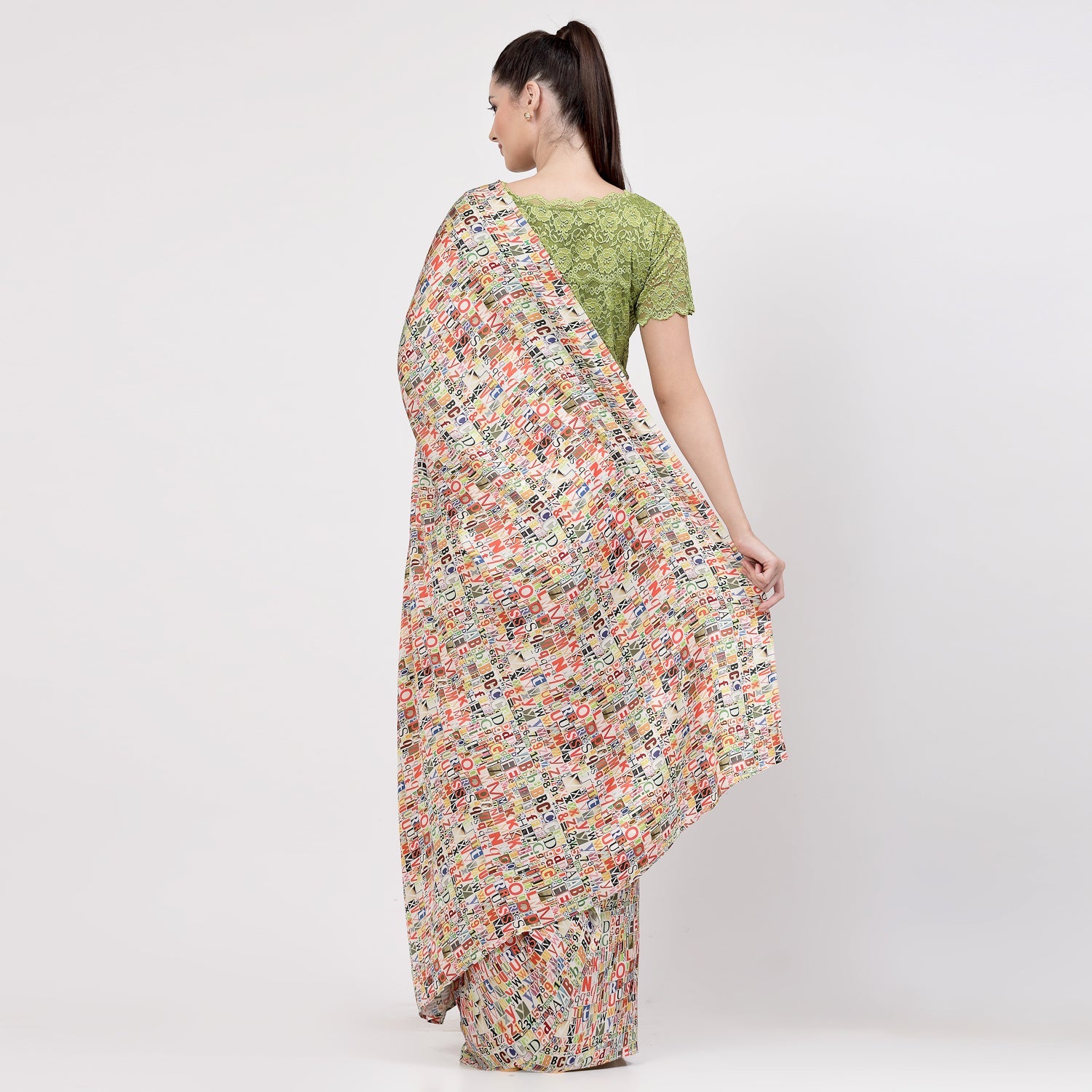 Multicolour Alphabet Print Saree,indian dresses for women	
formal saree for women	
designer sarees for women	