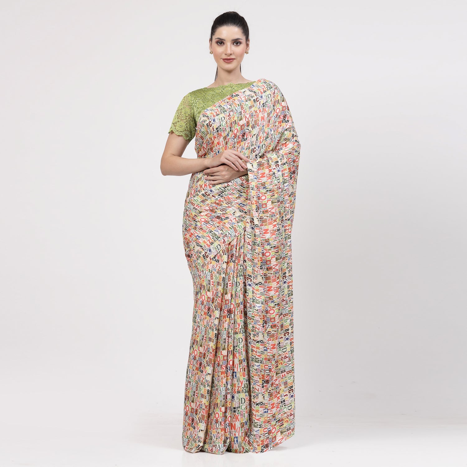 Multicolour Alphabet Print Saree,indian dresses for women	
formal saree for women	
designer sarees for women	