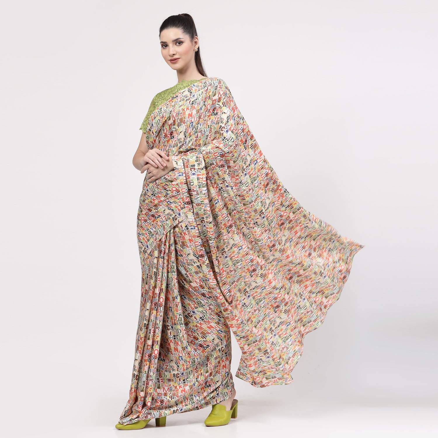 Multicolour Alphabet Print Saree,indian dresses for women	
formal saree for women	
designer sarees for women	