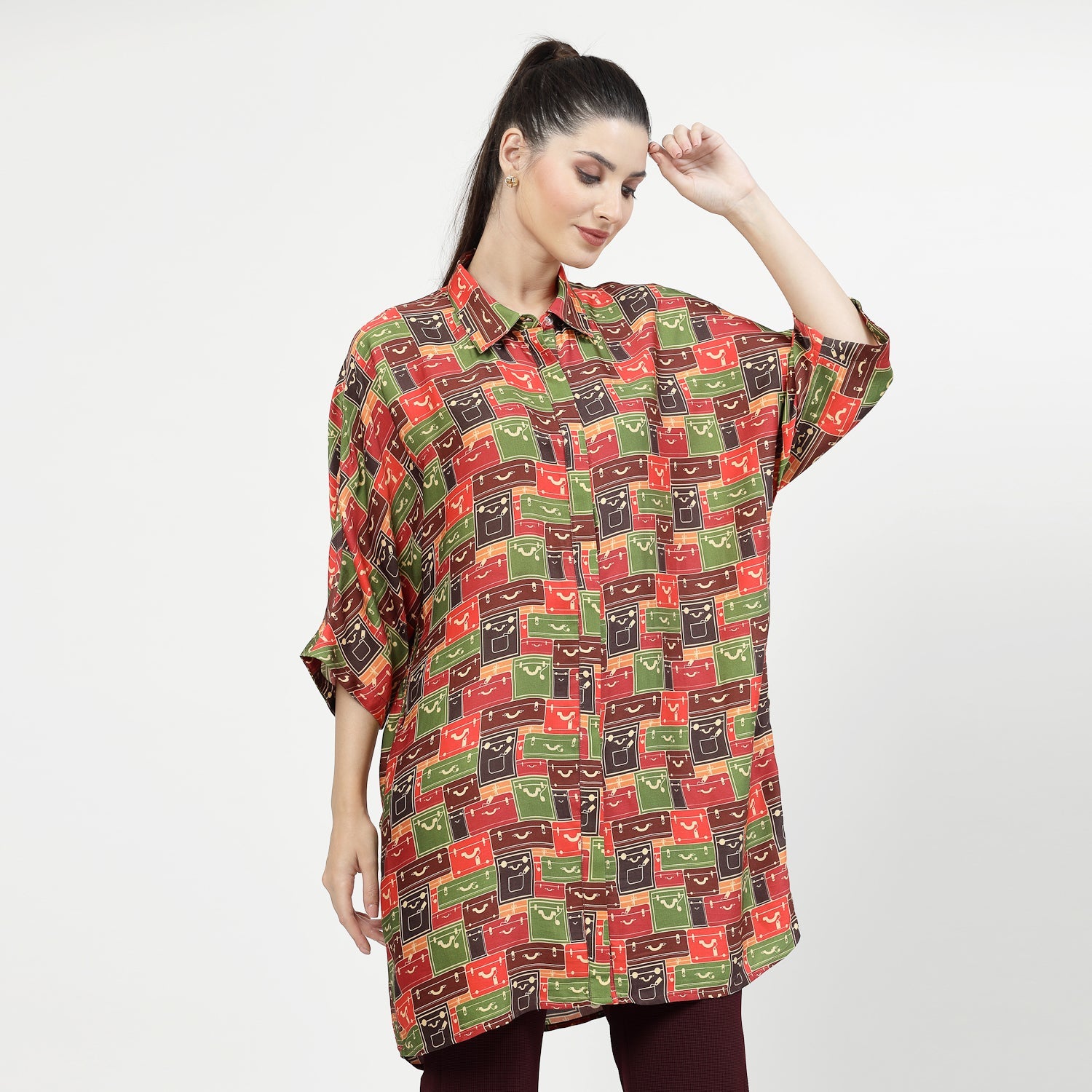 Multicolour Box Print Long Shirt,womens formal shirts	
cotton shirts for women	
Ofiice shirts for women	