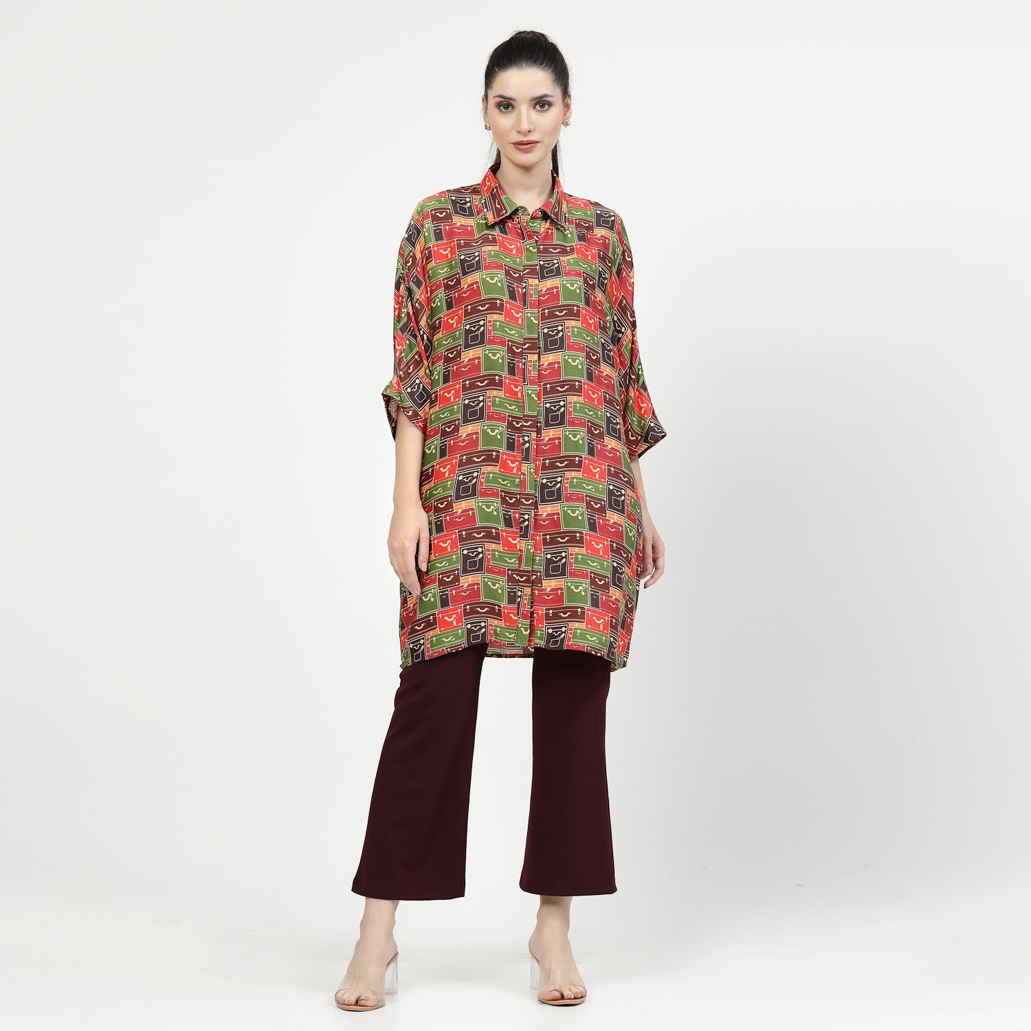 Multicolour Box Print Long Shirt,womens formal shirts	
cotton shirts for women	
Ofiice shirts for women	