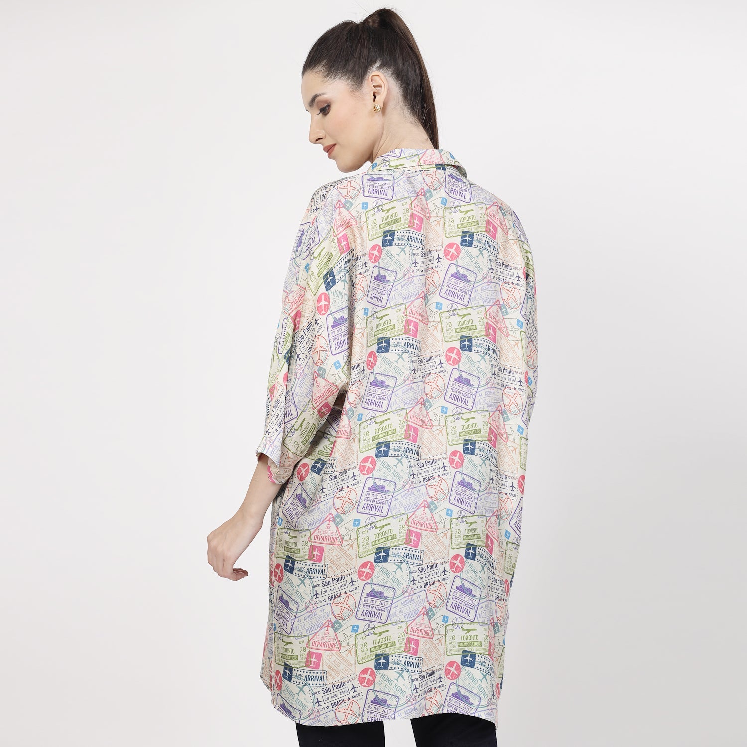 Multicolour Ticket Print Long Shirt,womens formal shirts	
cotton shirts for women	
Ofiice shirts for women	