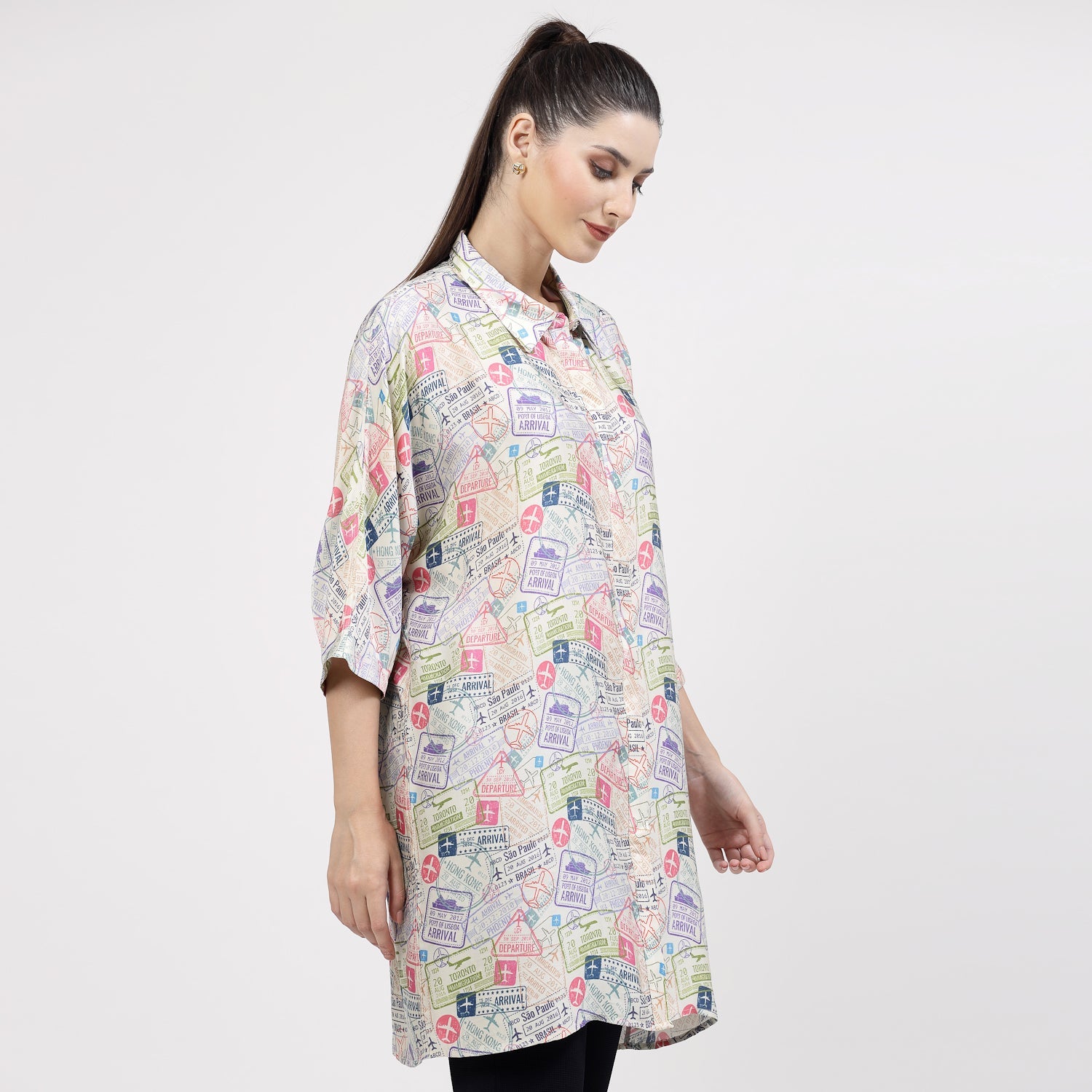 Multicolour Ticket Print Long Shirt,womens formal shirts	
cotton shirts for women	
Ofiice shirts for women	
