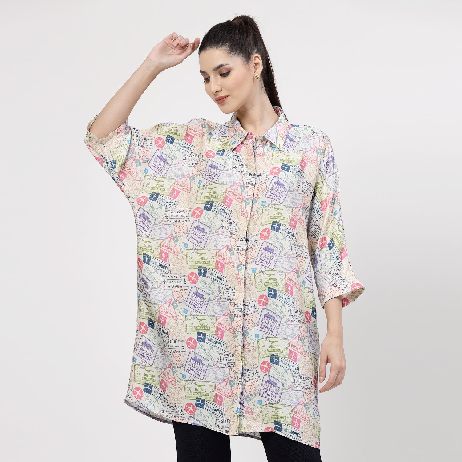 Multicolour Ticket Print Long Shirt,womens formal shirts	
cotton shirts for women	
Ofiice shirts for women	
