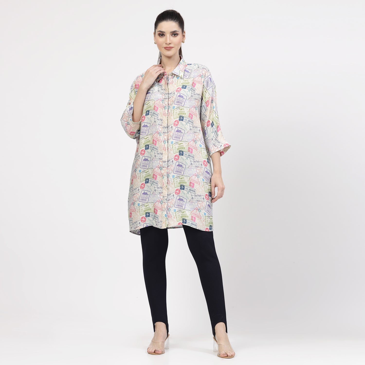 Multicolour Ticket Print Long Shirt,womens formal shirts	
cotton shirts for women	
Ofiice shirts for women	