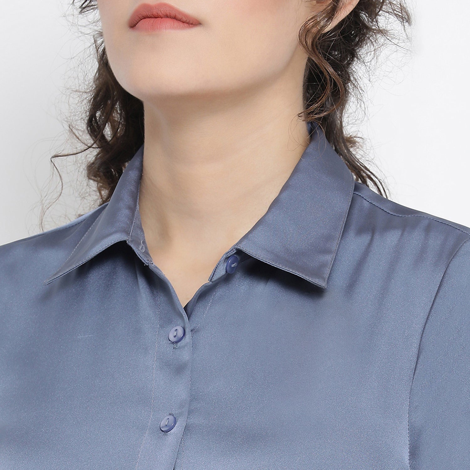 Teal Blue Satin Drape Dress With Grey Flower Bunch Broach