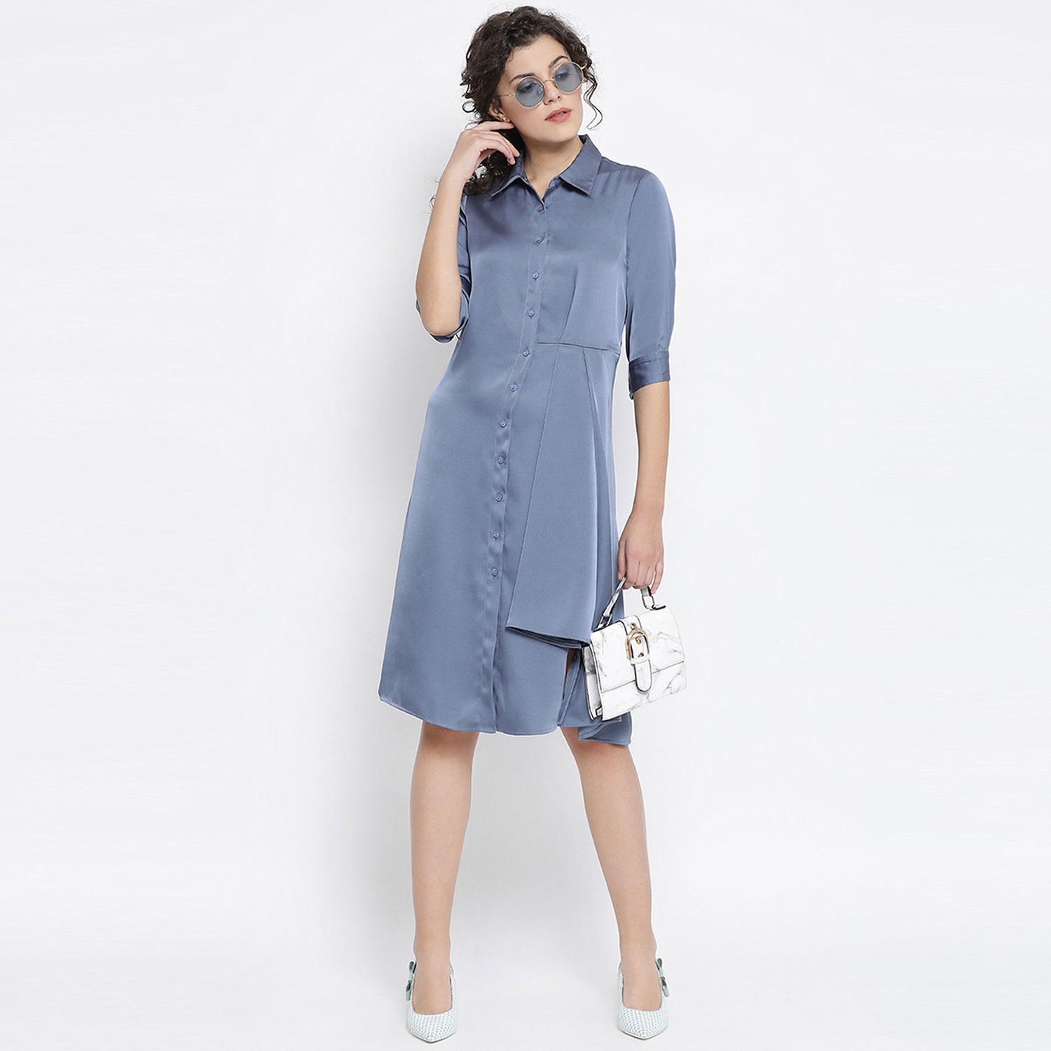 Teal Blue Satin Drape Dress With Grey Flower Bunch Broach