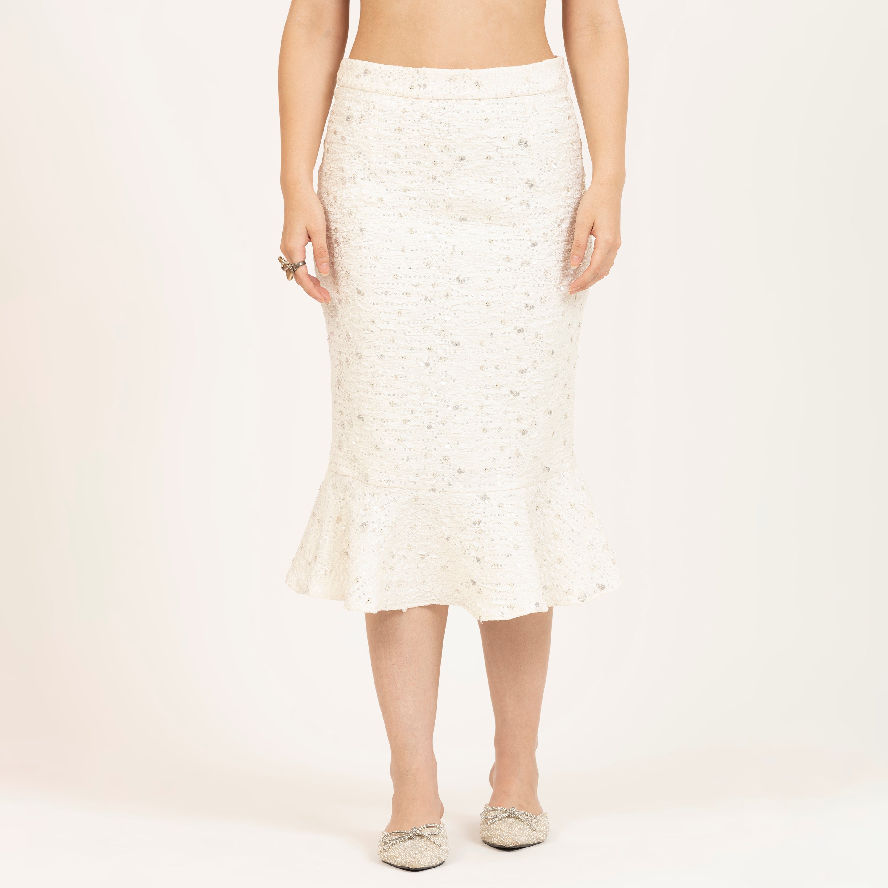 Off-White Embroidered Fish Cut Skirt , Formal skirts for women professionals in India , Elegant Silhouettes for Every Day , formal skirts for women? , office skirts for women