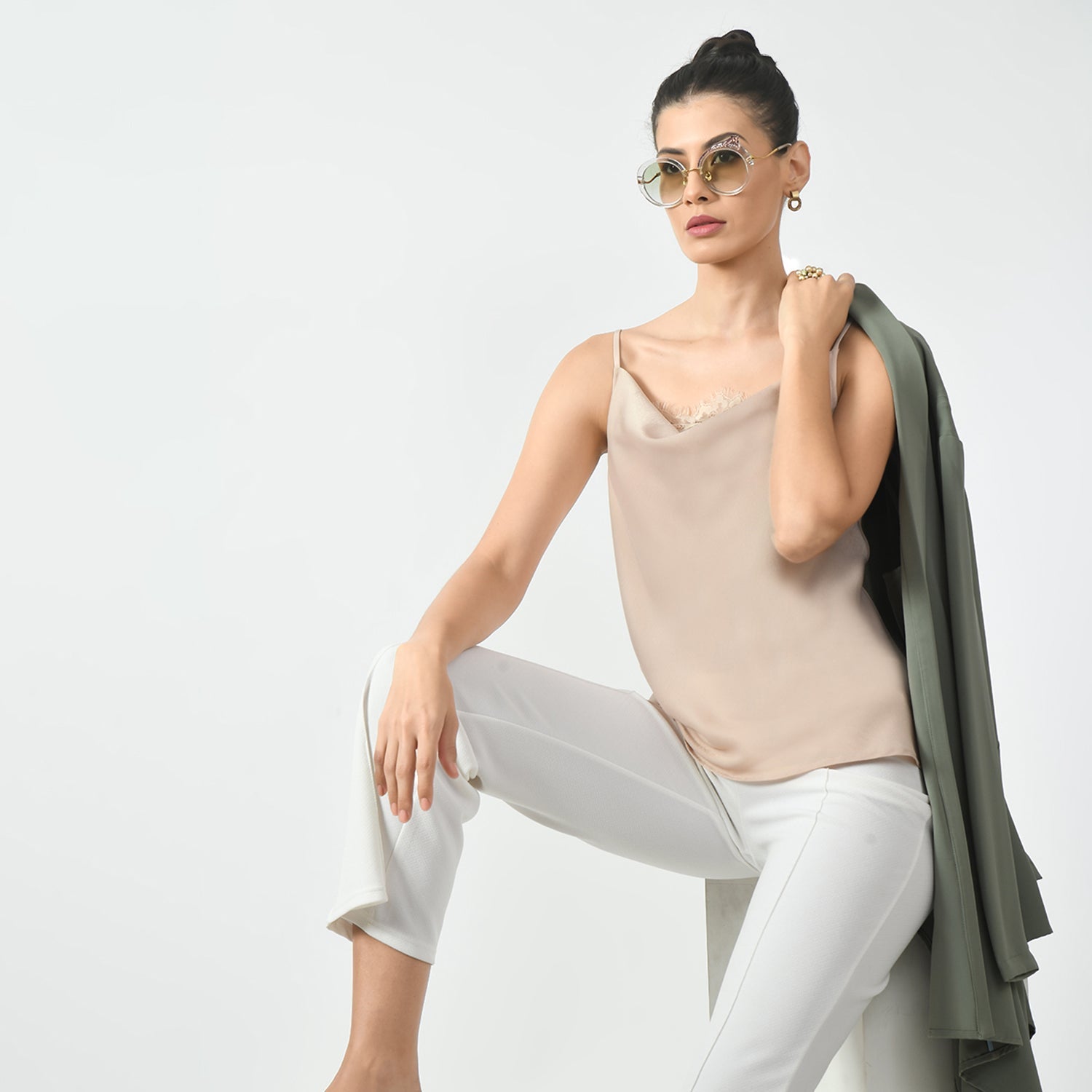 Off White Cowl Spaghetti Top for Women