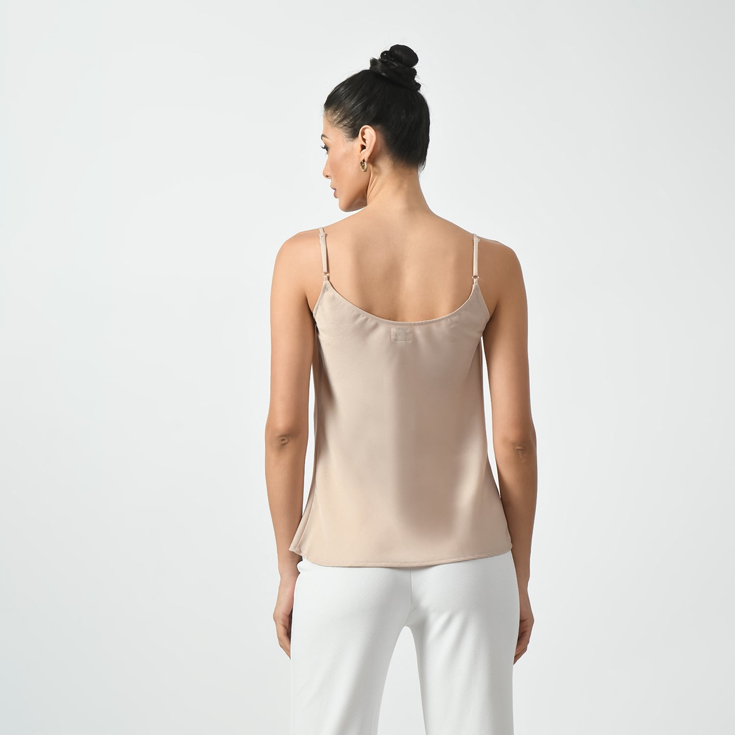 Off White Cowl Spaghetti Top With Lace, office wear tops, stylish formal tops, best tops for work, elegant worktops, trendy tops for women , modern tops for office, formal tops for women, tops for women stylish 