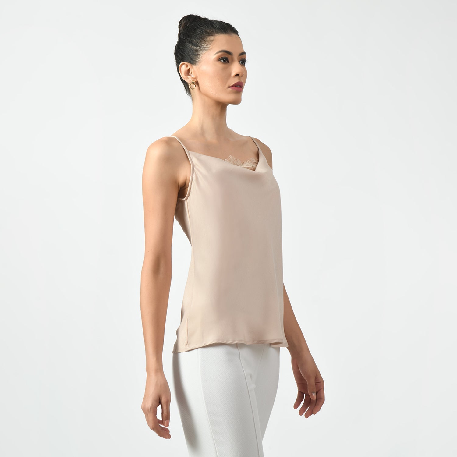 Off White Cowl Spaghetti Top With Lace, office wear tops, stylish formal tops, best tops for work, elegant worktops, trendy tops for women , modern tops for office, formal tops for women, tops for women stylish 