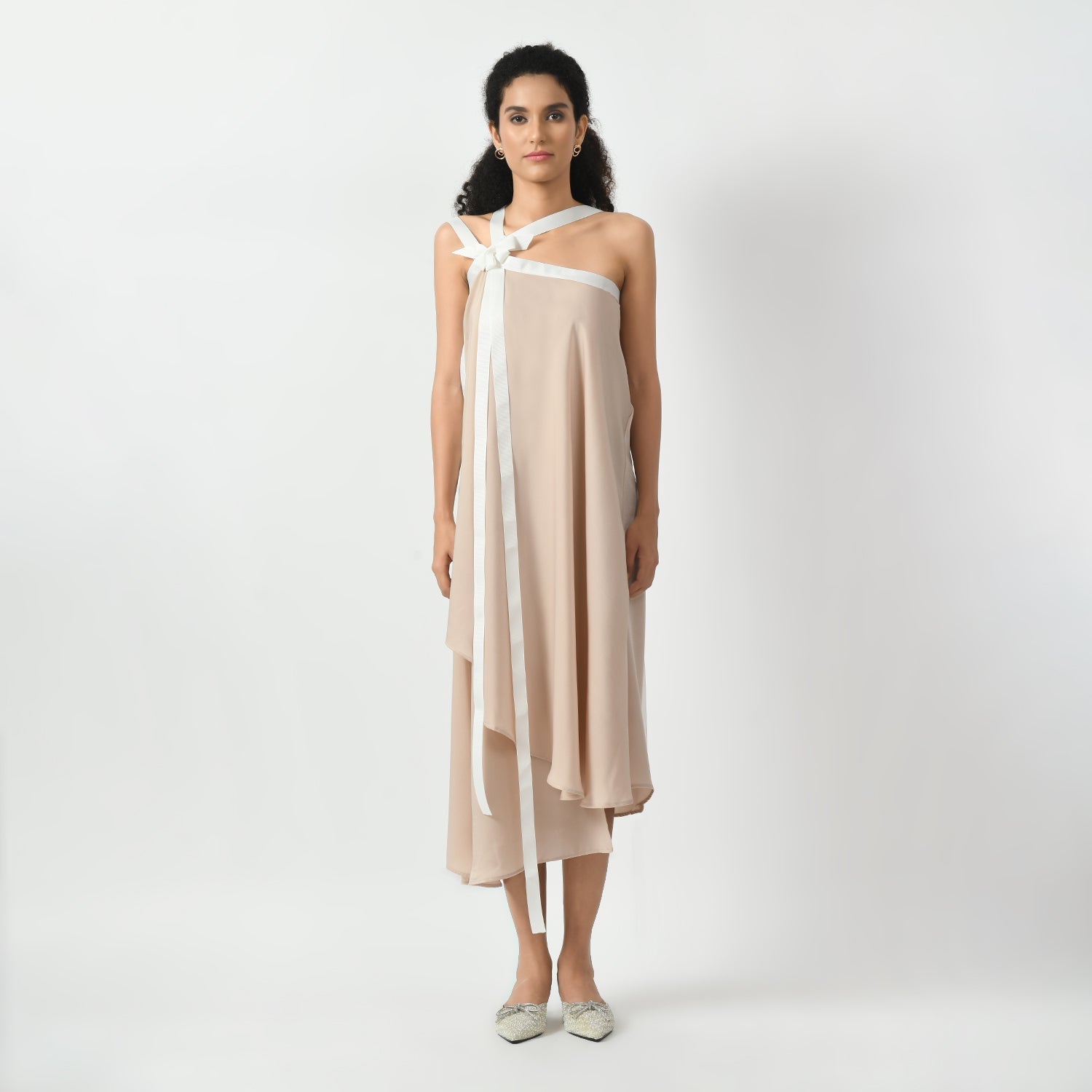 Off white Asymmetrical Dress With Ribbed Ribbon, dress for women, Asymmetrical Dress, ribbed ribbon dress for women, dress with ribbed ribbon, dress for women, stylish dress for women, one piece for women dress, office wear women