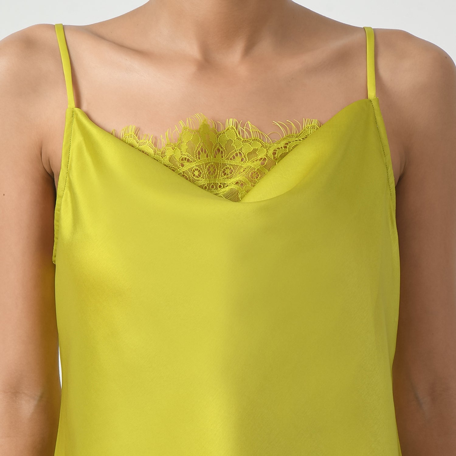 Olive Cowl Spaghetti Top With Lace, top with lace, spaghetti top with lace, office wear tops, stylish formal tops, best tops for work, elegant worktops, trendy tops for women , modern tops for office, formal tops for women, tops for women stylish