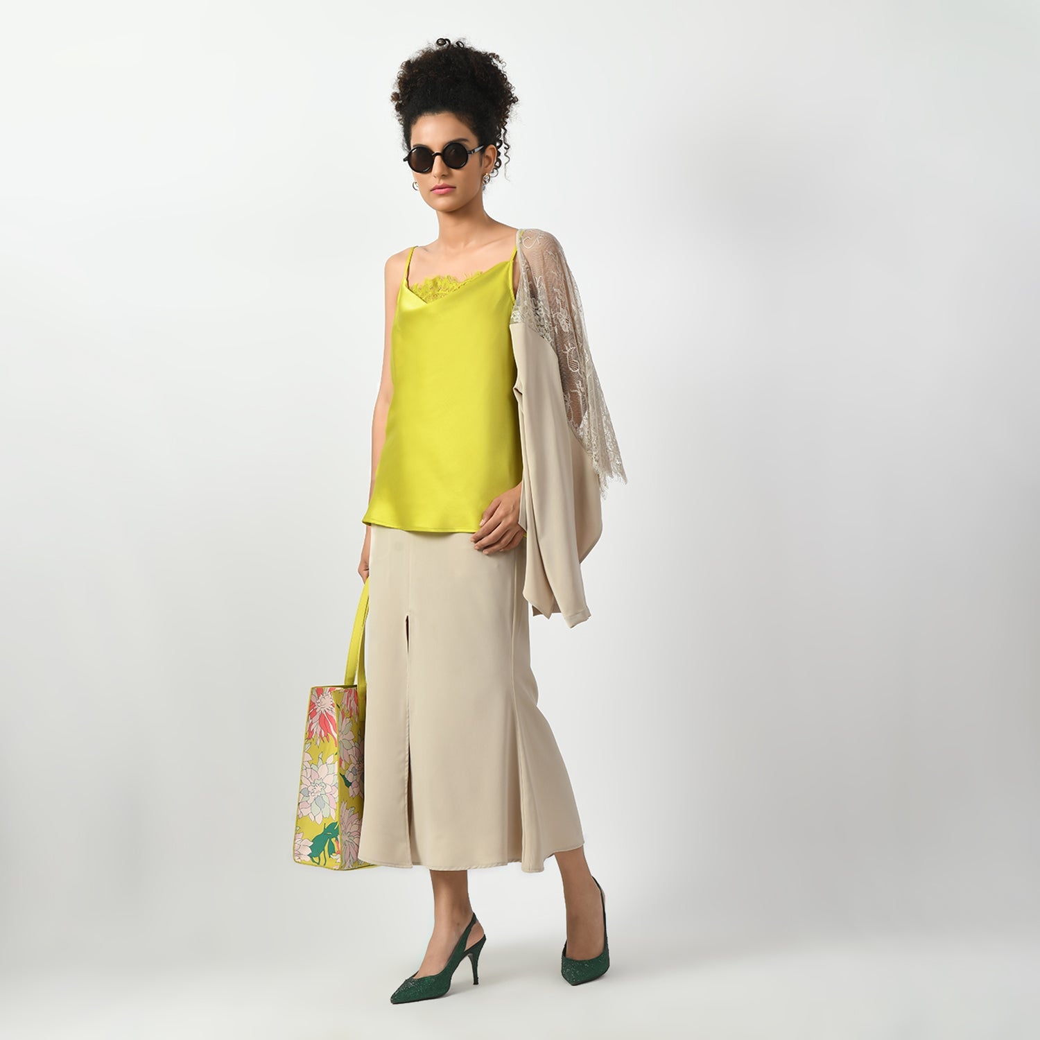 Olive Cowl Spaghetti Top With Lace, top with lace, spaghetti top with lace, office wear tops, stylish formal tops, best tops for work, elegant worktops, trendy tops for women , modern tops for office, formal tops for women, tops for women stylish