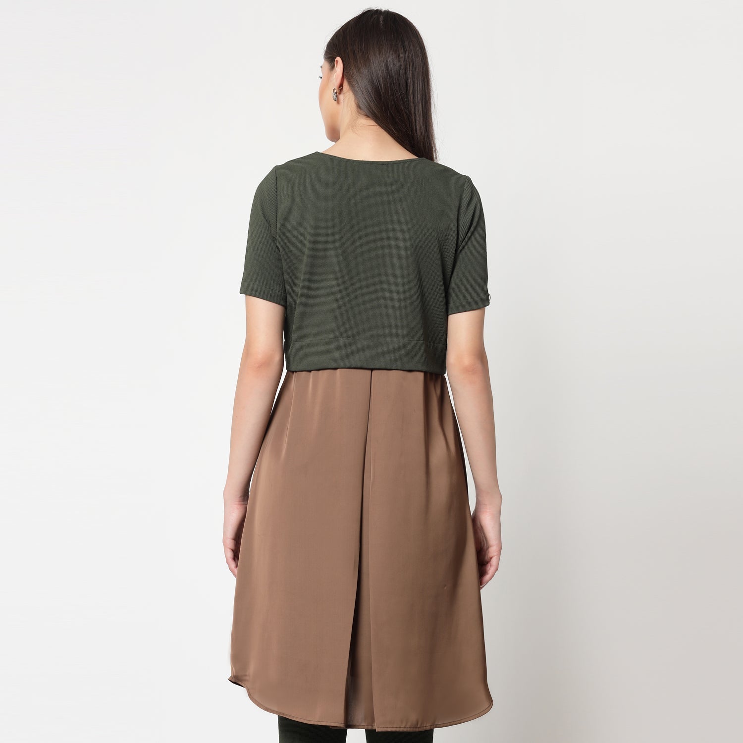 Olive Lycra & Brown Satin Tunic for Women -5