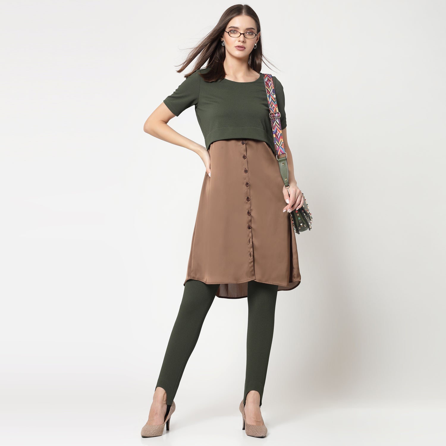 Olive Lycra & Brown Satin Tunic for Women -1