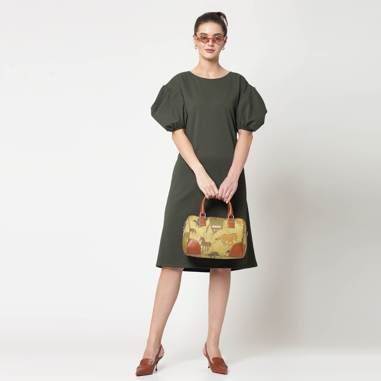 Olive Lycra With Puff Sleeve Dress, dress for women, stylish dress for women, one piece for women dress, office wear women