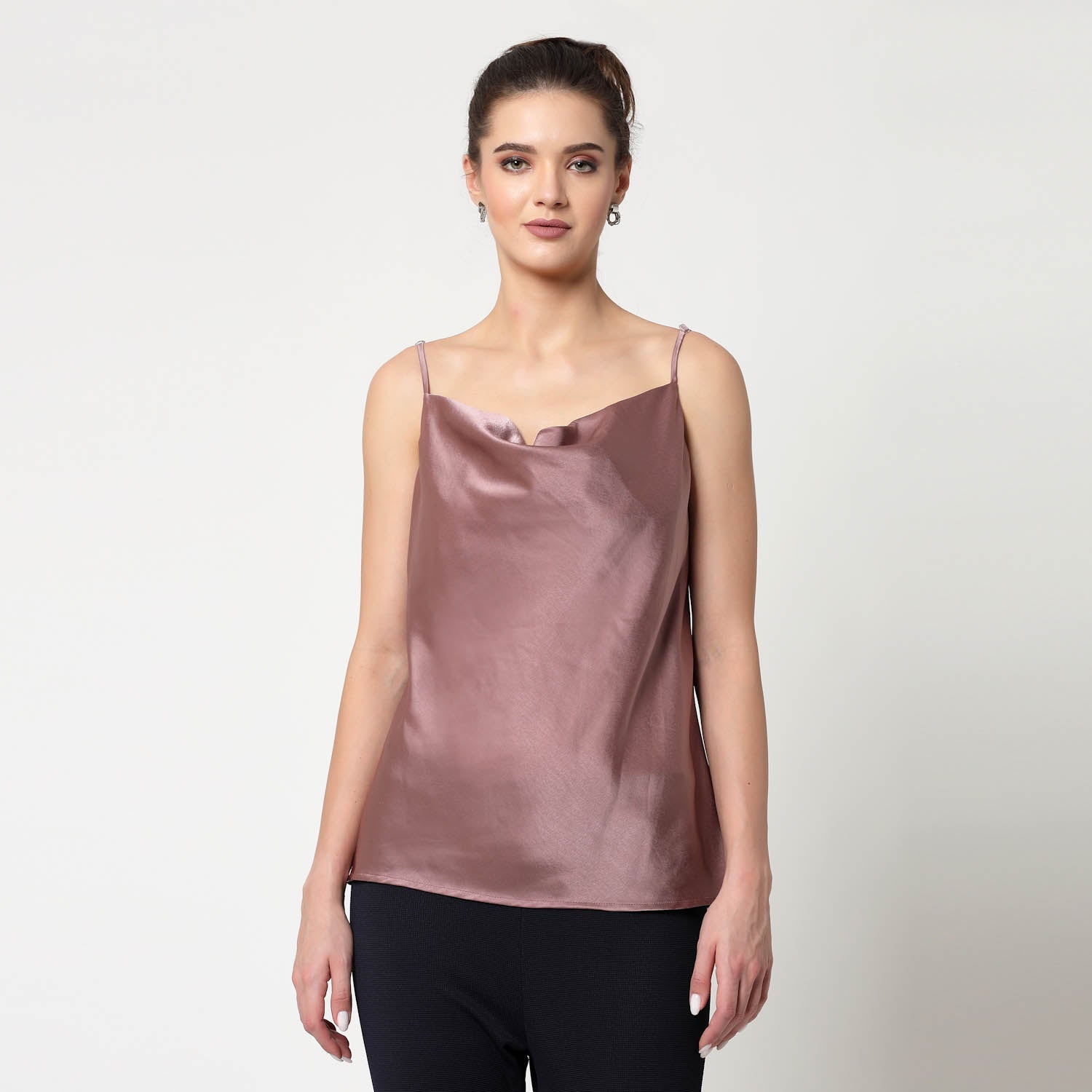 Pink Satin Cowl Neck Spaghetti, formal tops for women	
tops for women stylish	
office dress for women	
stylish tops for women	